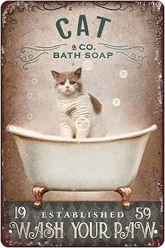 Cat Metal Poster Beagle Co. Cat Bath Soap Wash Your Paw Tin Signs Cafe Living Room Bathroom Toilet Home Art Wall Decor Plaque Gift For Women Men 8x5.5 Inch Plaque Tin Sign