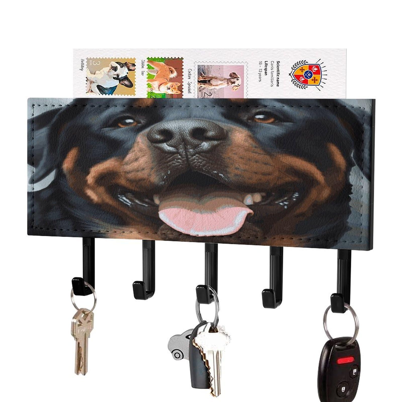 Rottweiler Dogs Tongue Head Key Holder Wall Mount Decorative Key And Mail Holder Pu Key Rack with 5 Hooks Key Hanger Organizer Decorative Home Decor for Wall for Entryway Office Living Room Black-styl