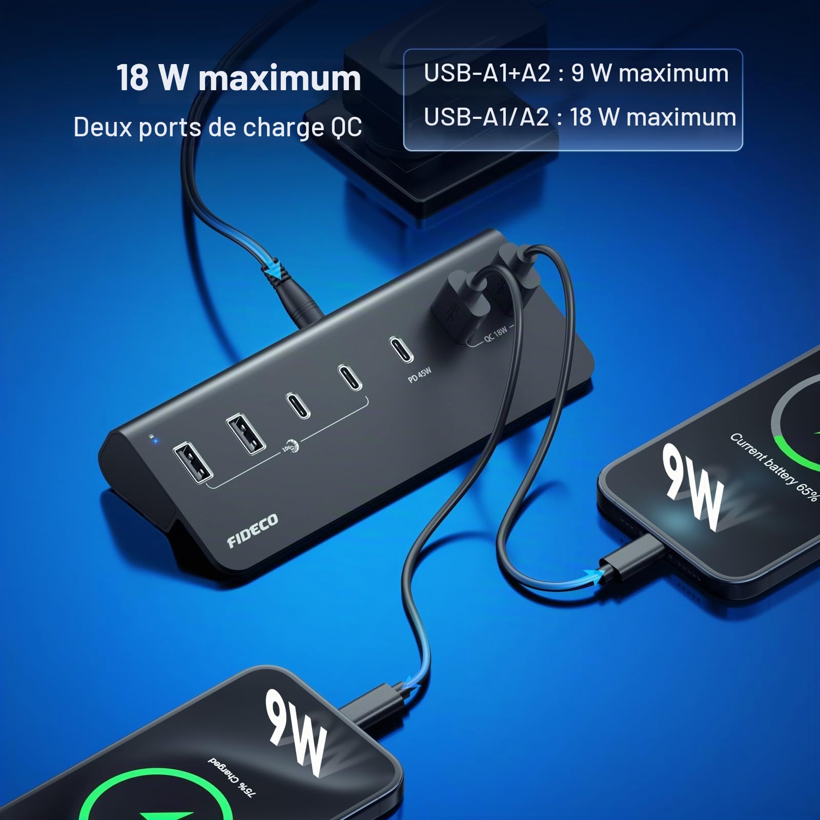 FIDECO Hub Alimenté 7 Ports 72W, Hub USB avec 1 PD 45W, 2 Ports de Charge QC 3.0 et 4 Ports 10Gbps USB 3.2 (2 USB-A + 2 USB-C), Hub USB en Aluminium pour Laptop, PC, MacBook, iPhone 17/16/15