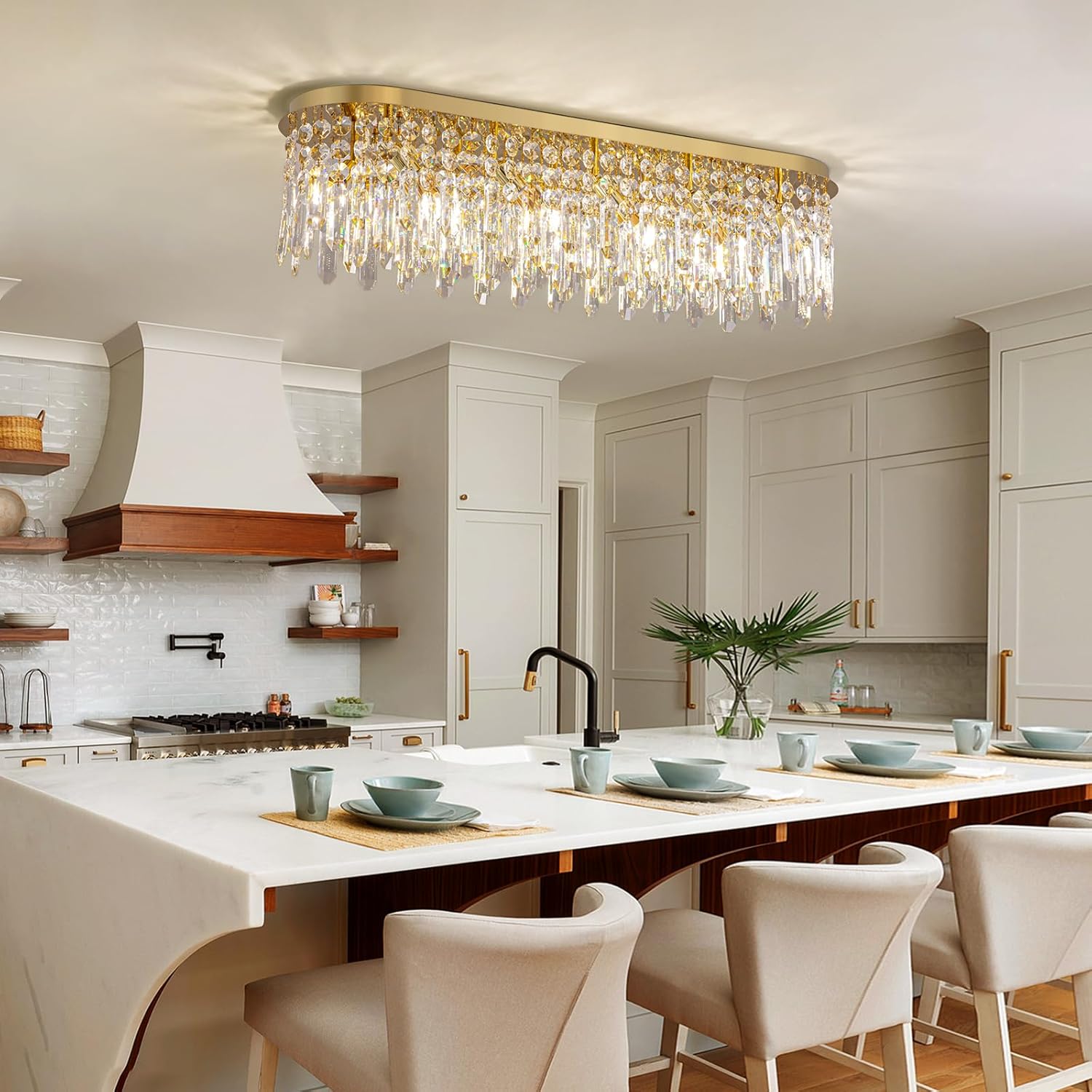 Siljoy 10-Light Modern Crystal Chandelier, Luxury Gold Oval K9 Crystal Raindrop Chandelier, Dimmable Flush Mount Crystal Ceiling Light for Living Dining Room Kitchen Island, L40'' x W11'' x H11''