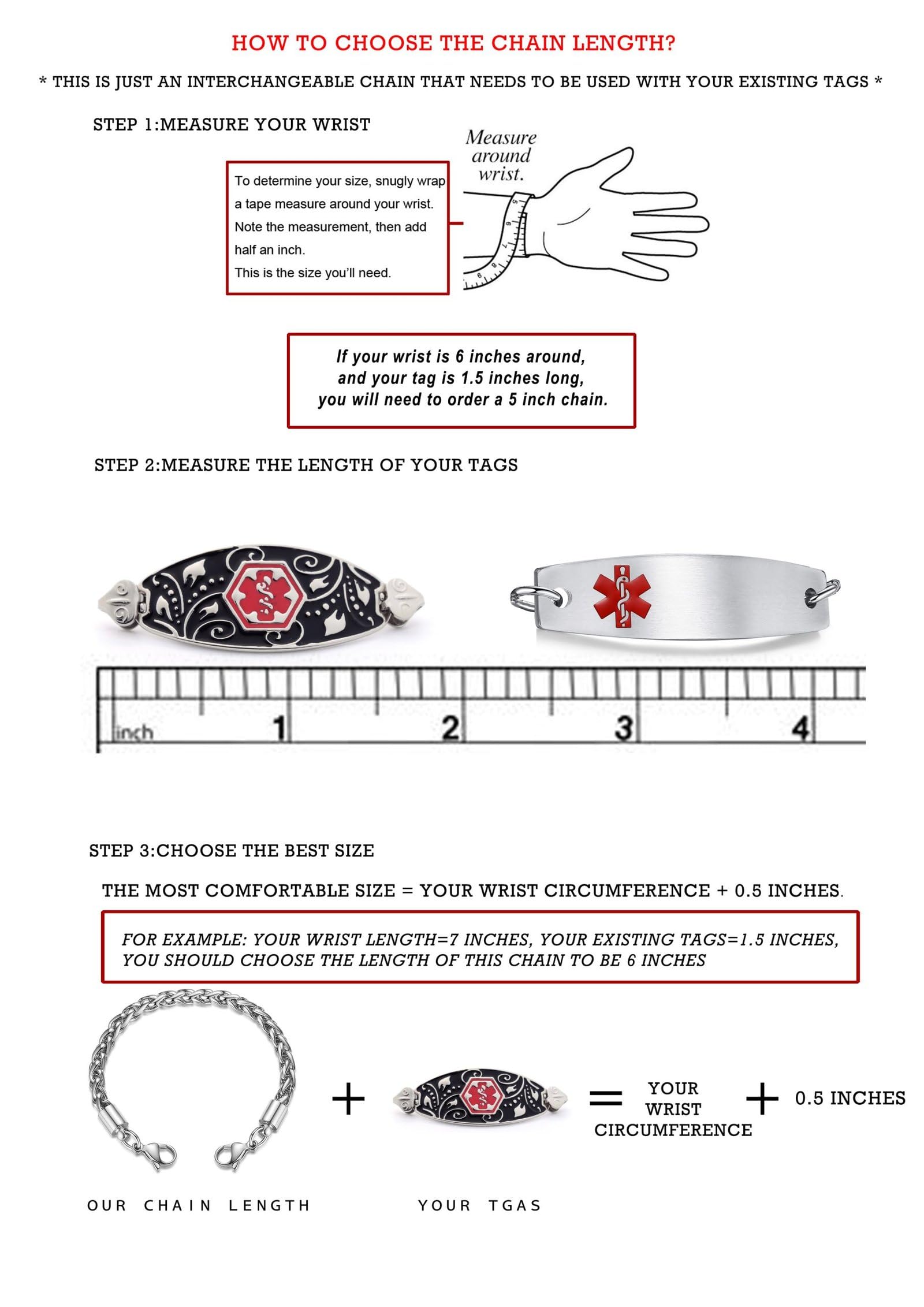 LinnaLove Austauschbares medizinisches Notfall-Armband, nur eine Kette, die zu Ihren medizinischen ID-Tags passt