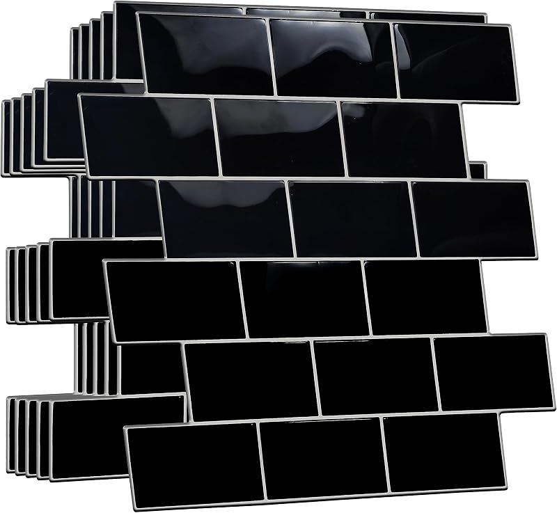 WALPLUS 3D Csempe Matrica 30x15cm Fekete Mozaik Öntapadós Vízálló Fényes Csempematrica Konyha Fürdőszoba Metro Mintás