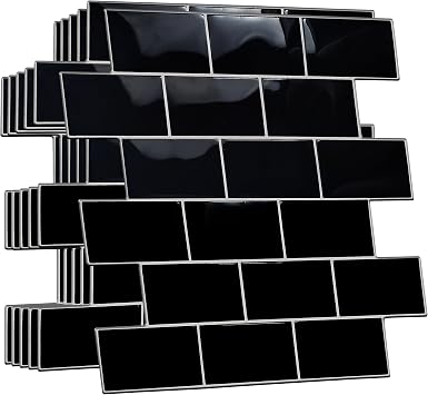 WALPLUS 20 Sheets Peel and Stick Kitchen Backsplash Tile Stickers Self Adhesive Stick on Subway Tile 12" x 6" Bathroom Splashback Water Heat Resistant 3D Wall Tiles Black Metro Subway Glossy