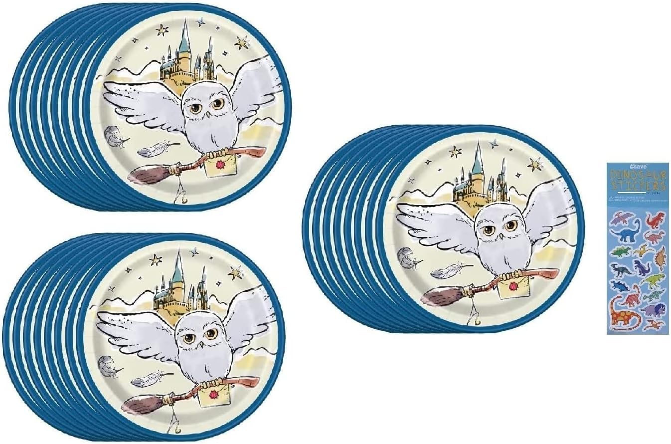 Unique Harry Potter Party Supplies Bundle Pack includes - 24 Dessert Cake Paper Plates and 1 Dinosaur Sticker Sheet (Pack of 2)