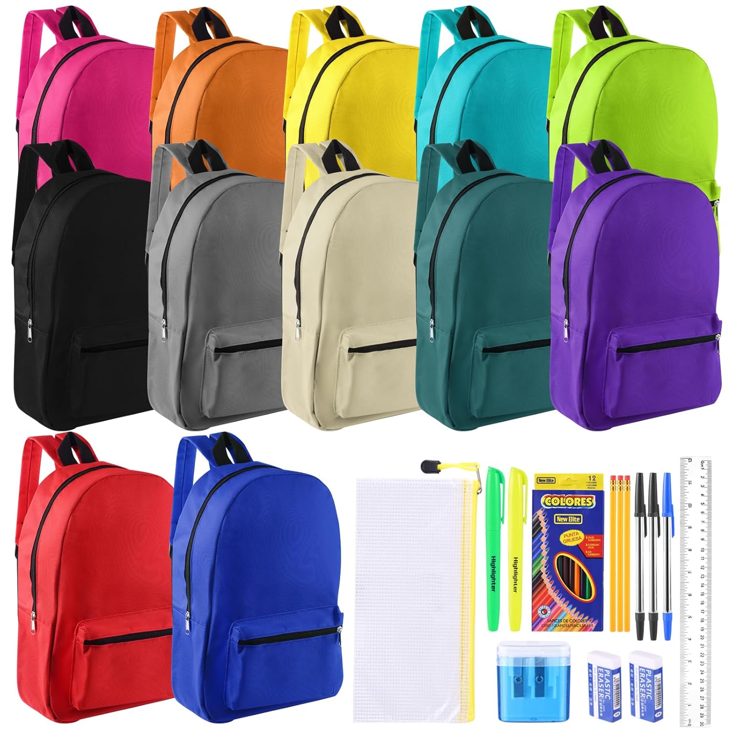 12 Set Bulk Backpacks with School Supply Kit 17 Inch Book Bags in Bulk and Back to School