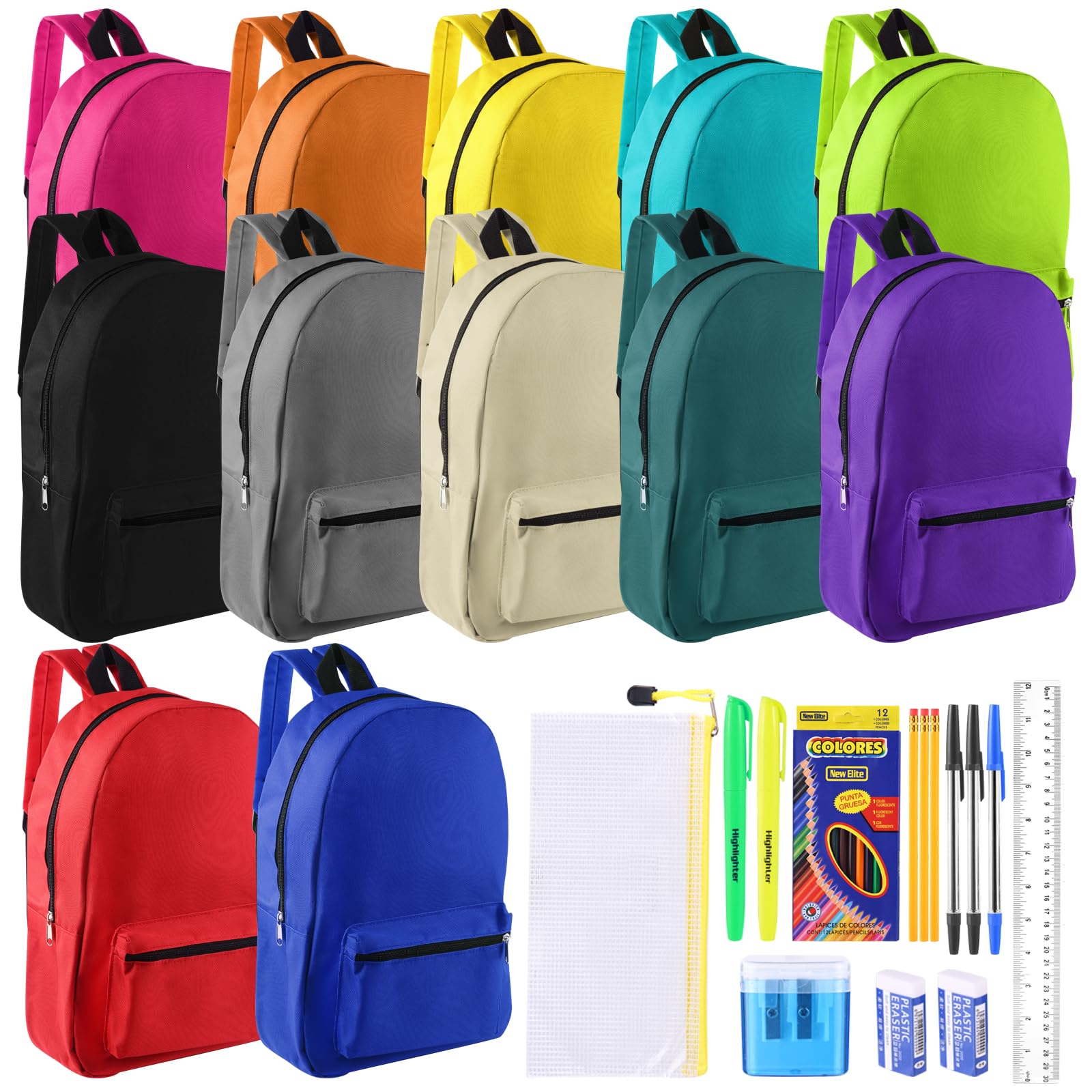 12 Set Bulk Backpacks with School Supply Kit 17 Inch Book Bags in Bulk and Back to School