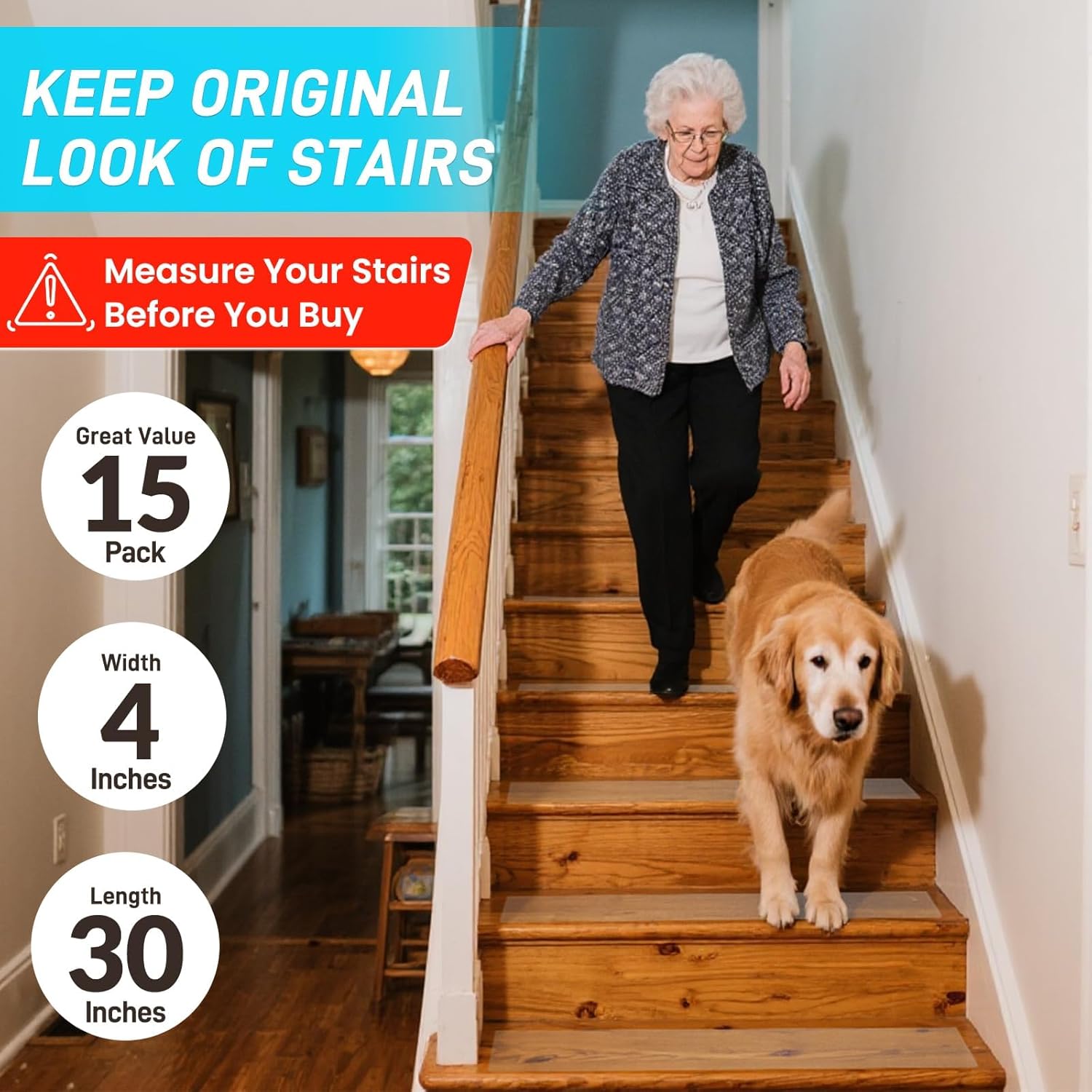 LifeGrip Stair Treads Non-Slip (15PCS), Anti Slip Transparent Stair Treads Tape for Indoor Wooden Step (4"X30"X15P-Treads) 4" x 30" Clear 15