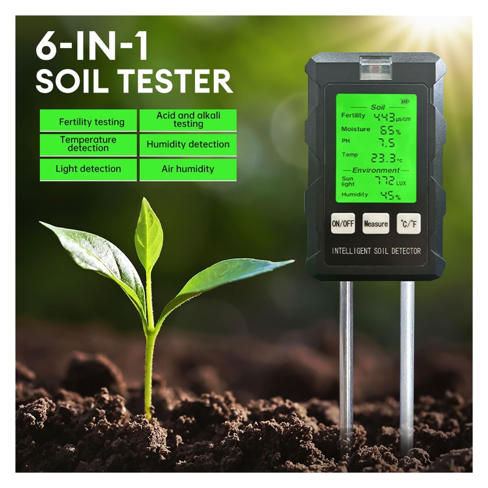 Misuratore di umidità 6 in 1, luce solare, pH, temperatura, umidità, fertilità del terreno, piante da giardino, fiori, tester di umidità, sensore di umidità del terreno