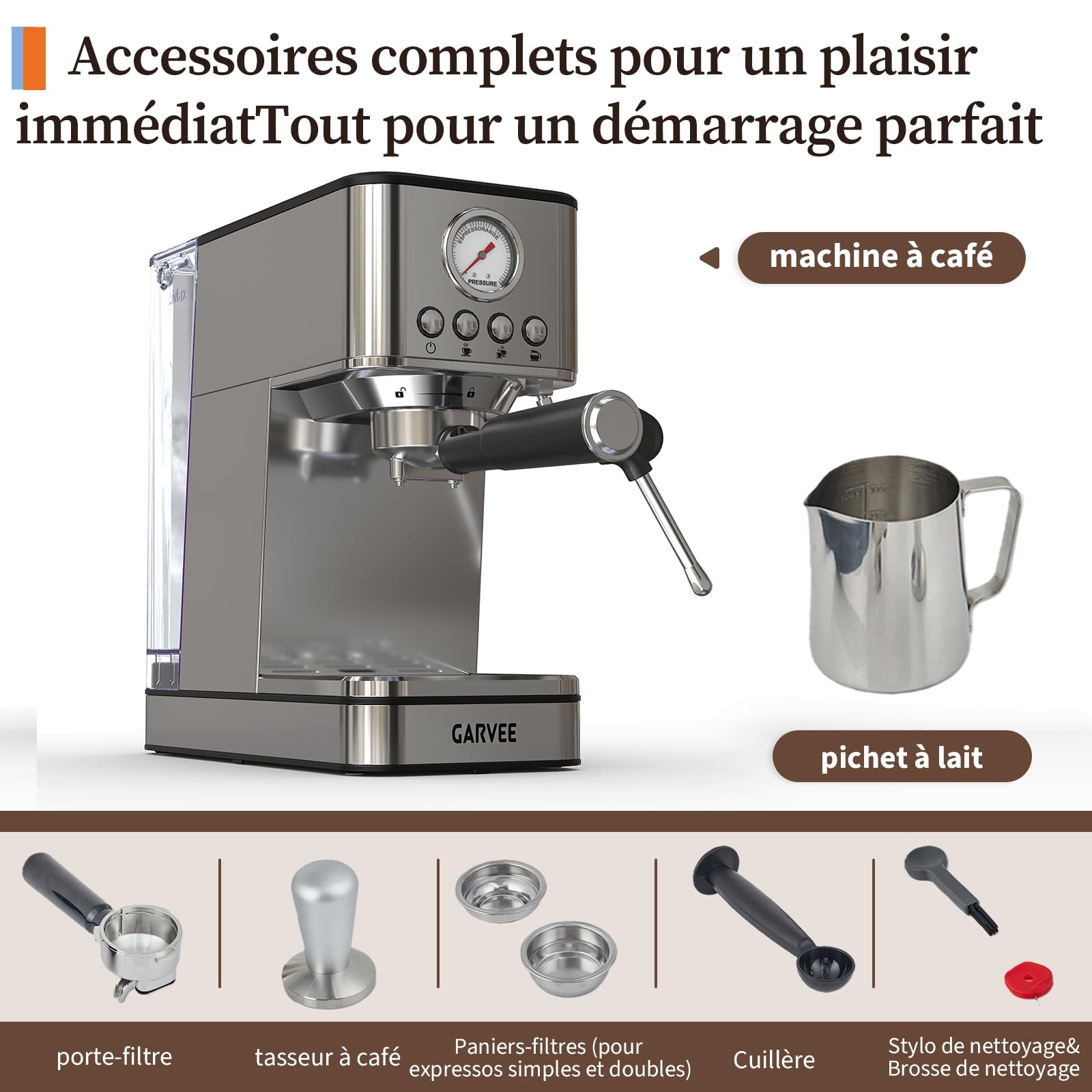 GarveeTech Machine à expresso 20 bar, 1200 W, avec système de chauffage rapide Thermoblock et mousseur à lait, en acier inoxydable, avec réservoir d'eau de 1,7 l, pour petite cuisine, cadeau de Noël