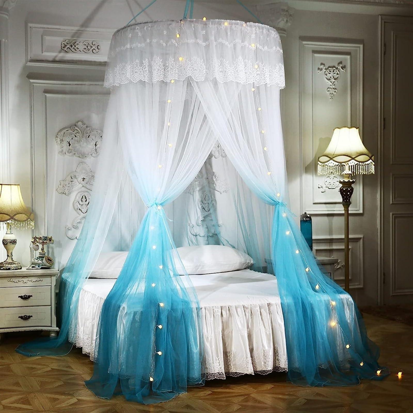 THE WHITE SHOP Pirncess Bed Canopy for Girls & Adults with Lights,Round Dome Canopy Bed Curtains Mosquito Net Play Tent for Kids Teen Adult (Round Canopy + Led Lights) (Color : Blue)