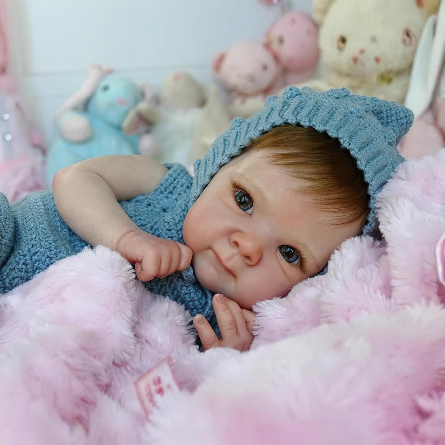 18 Inch Realistic Baby Doll Reborn Newborn Girl Doll Lifelike - Cuddly Body Awake Eyes Blue Knit Romper Nursery Decor Birthday