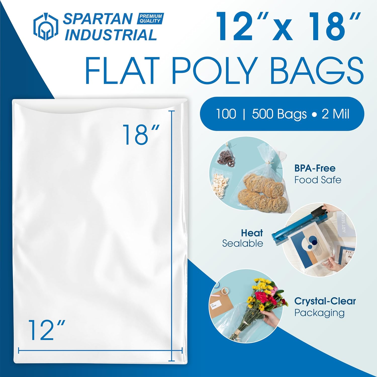 12" X 18" Open-End Flat Poly Bags (500 Count) - 2 Mil Clear Plastic - No Adhesive Strip - For Packaging, Shipping, Storage - Spartan Industrial