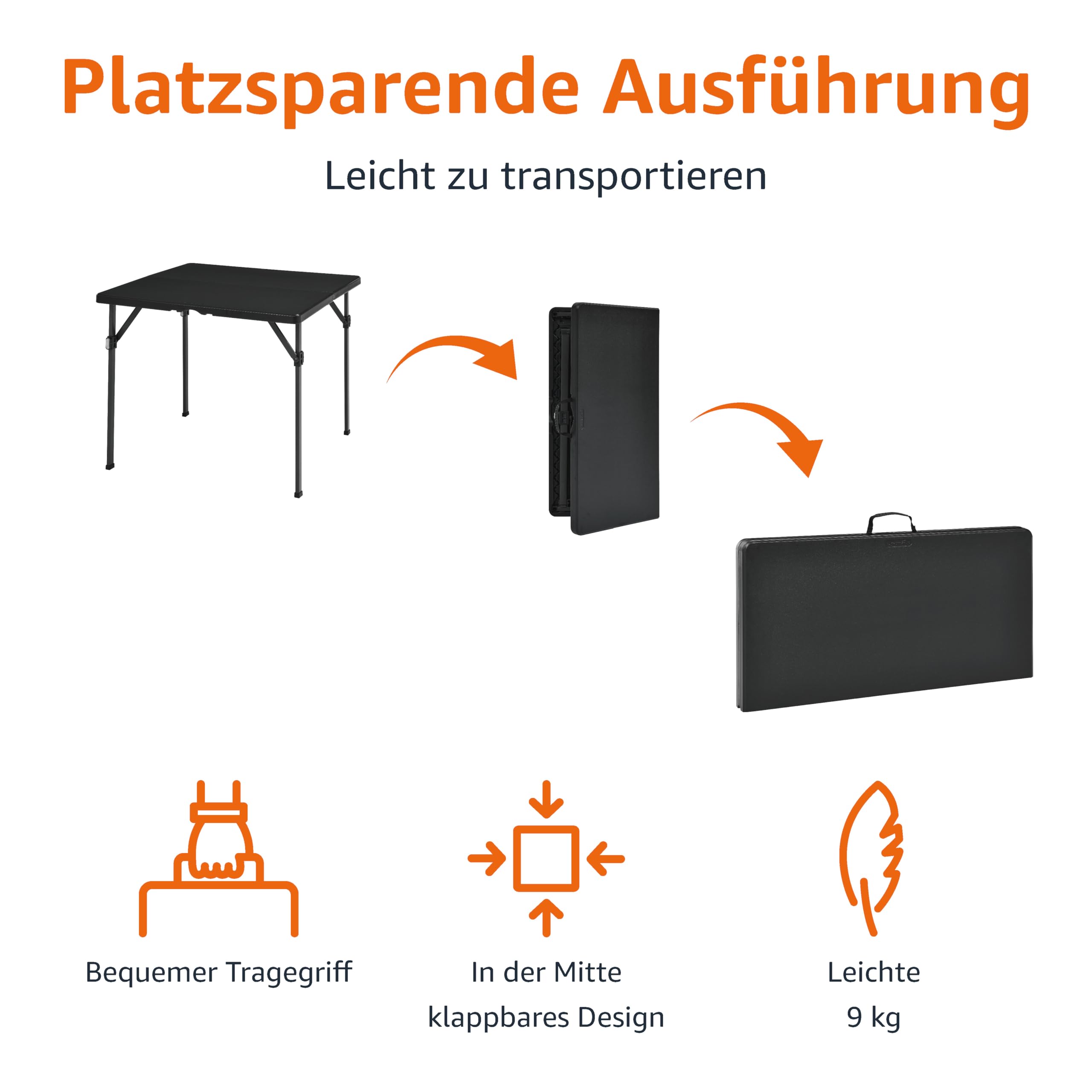 Amazon Basics Klapptisch, quadratisch, mit Tragegriff, für drinnen und draußen, tragbar, leicht, Reisetisch, Picknick, Camping, Schwarz, 86,1 x 86,1 x 73,9 cm