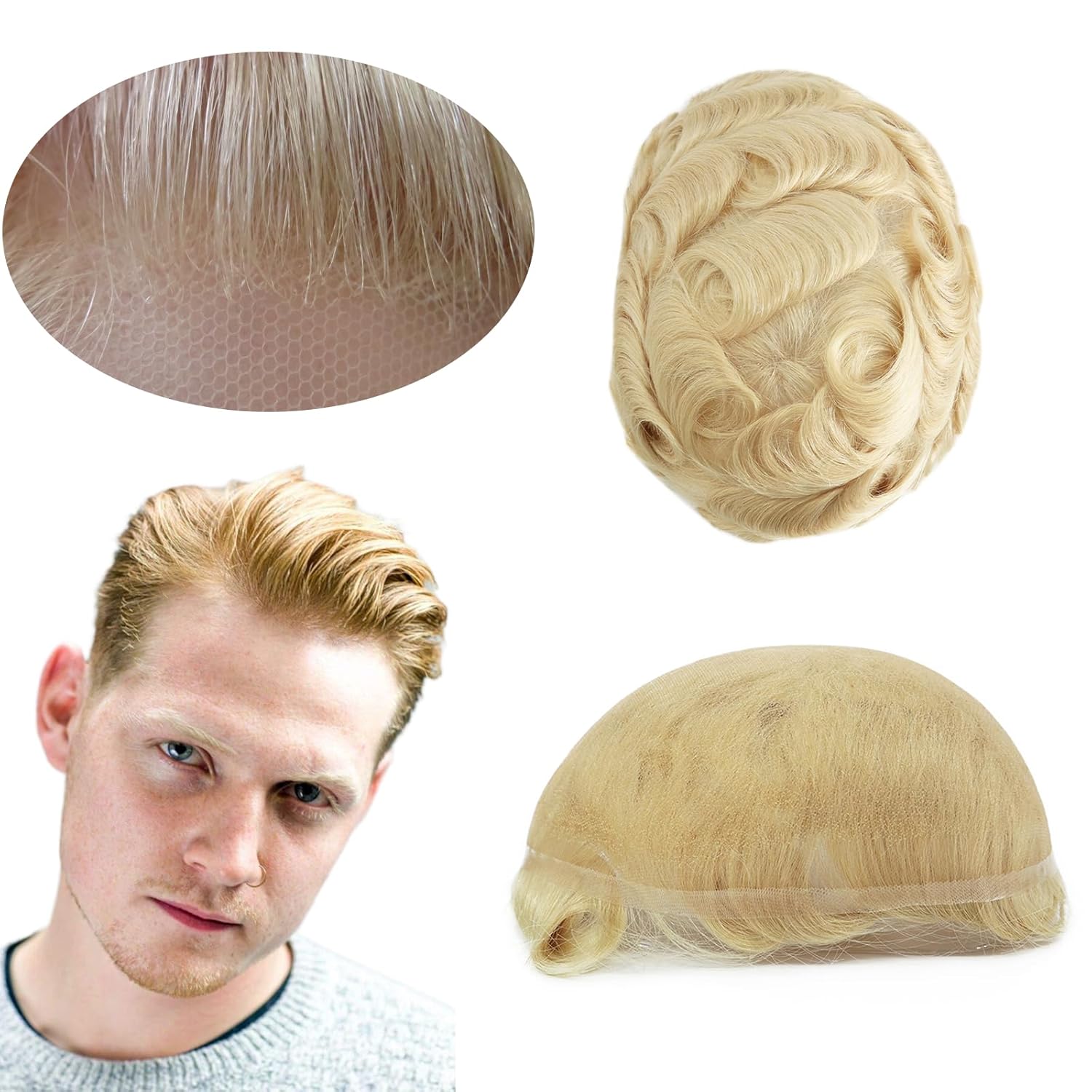 Human Hair Systems for Men, Hair Mens Toupee, Swiss Lace Light Blonde Hair Pieces 90% Density #613