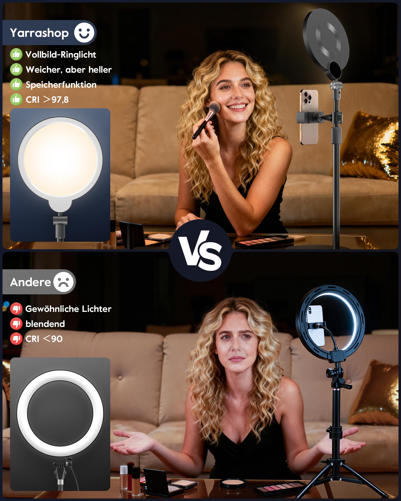 Ringlicht mit Ständer, Schreibtischlampe mit 3 Farbtemperaturen & 10 Helligkeitsstufen, CRI>97,8 Streaming Licht für YouTube Tiktok Videokonferenzen Homeoffice