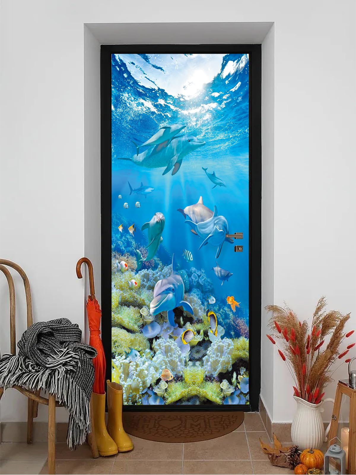 Autocollant 3D pour porte artfanke dauphins bleu salon décor