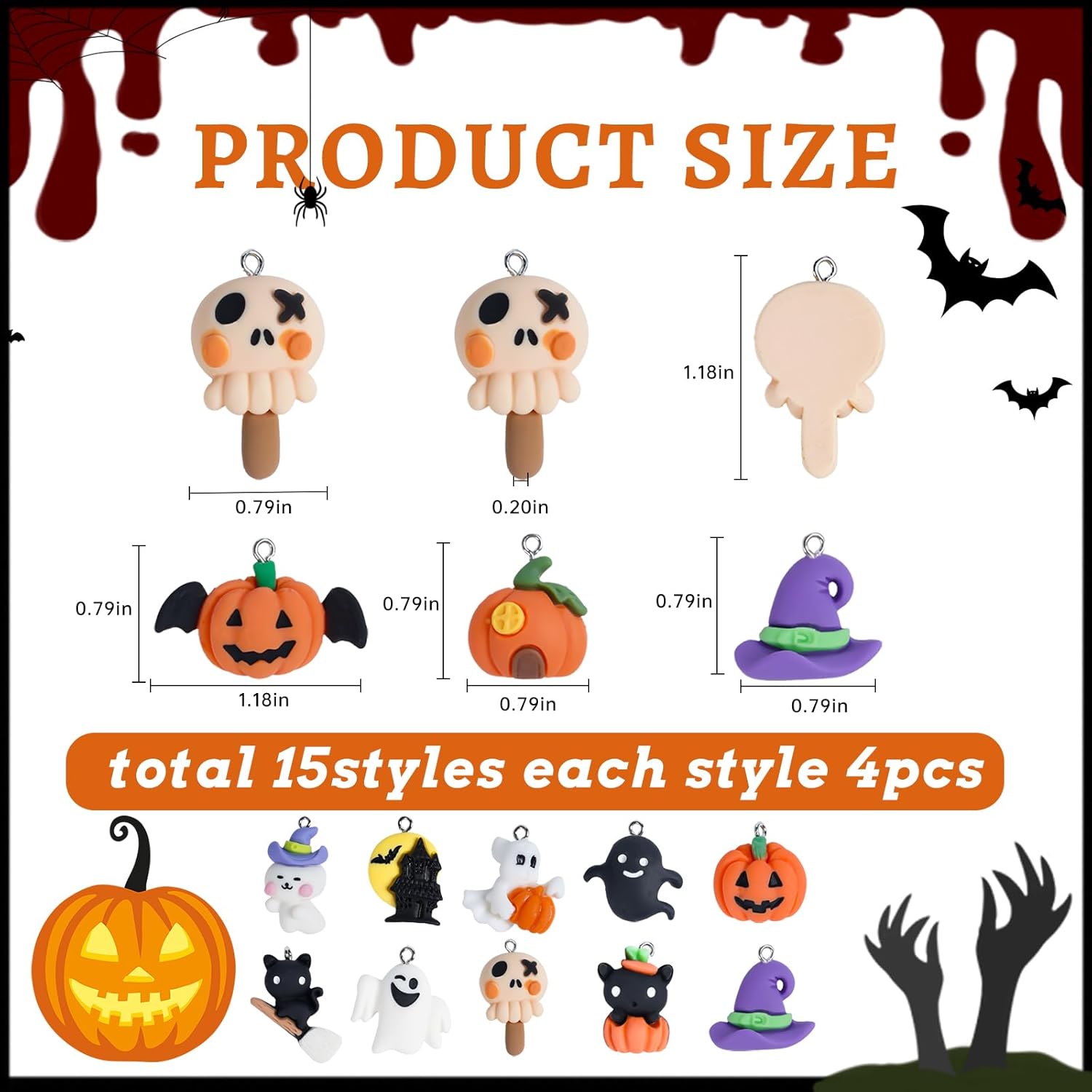 60PCS Halloween Mini Resin Charms Figures 15 Styles Mini Flatback Pumpkin Grimace Smile Pumpkin Miniature Halloween Resin Charms for Jewelry Making DIY Craft Necklace Earrings Keychains - Image 2