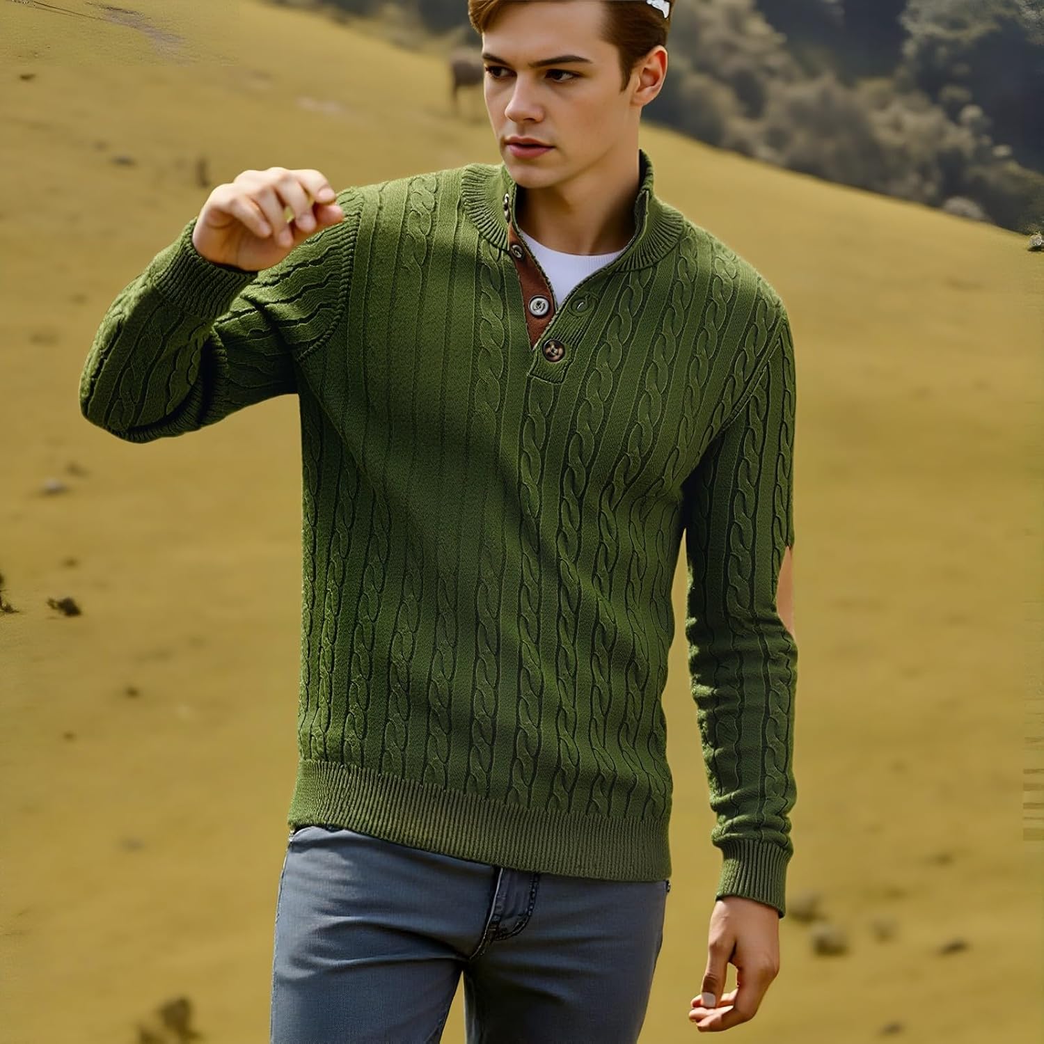 Mens Quarter Button Pullover Sweater Lightweight Mock Neck Henley Sweater Fashion Casual Knitted Waffle Sweater - Image 3