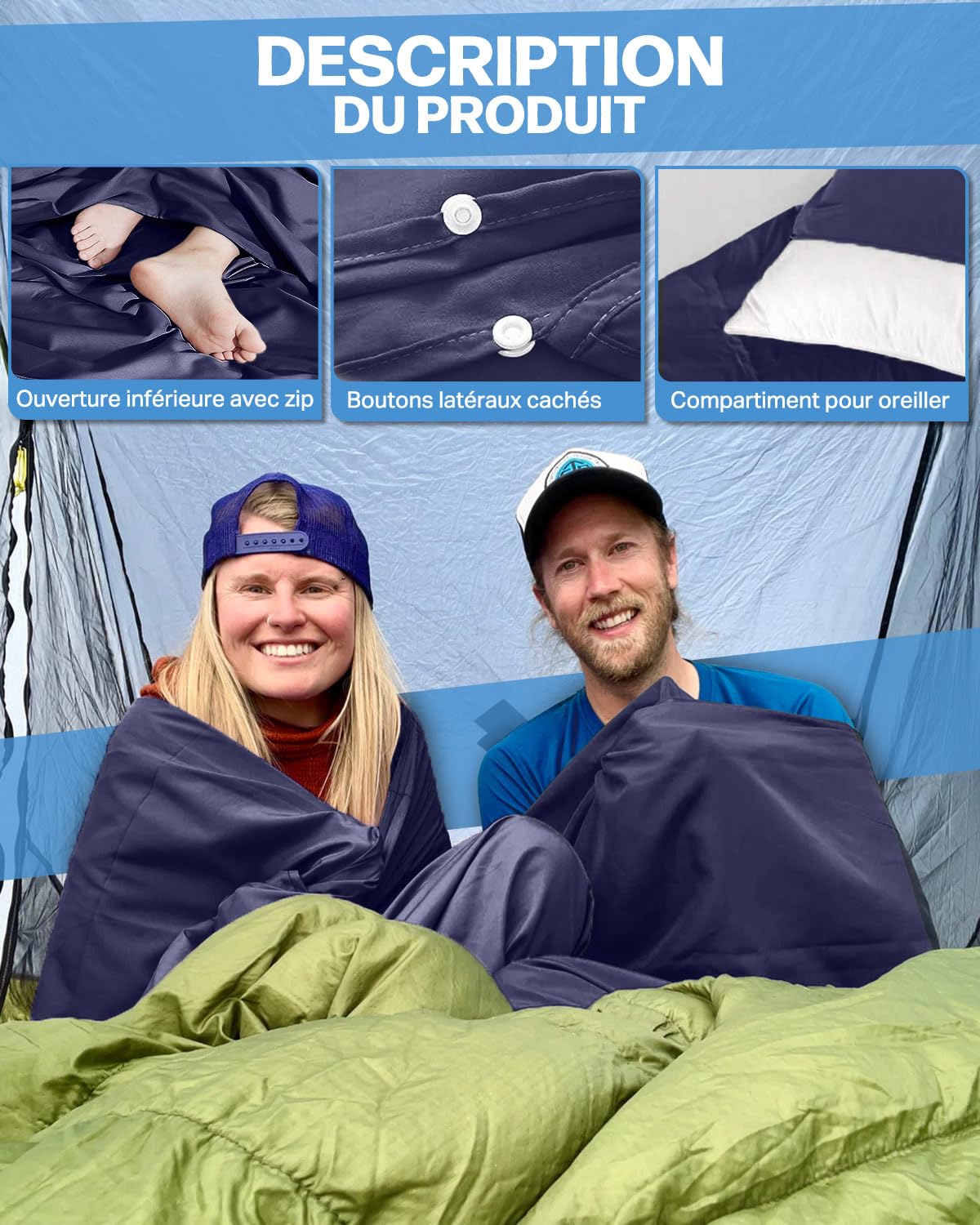Drap de Sac de Couchage Double Avec Compartiment pour Oreiller, Microfibres Ultraléger, Séchage Rapide, Compact de Voyage 220 * 180CM, Bleu