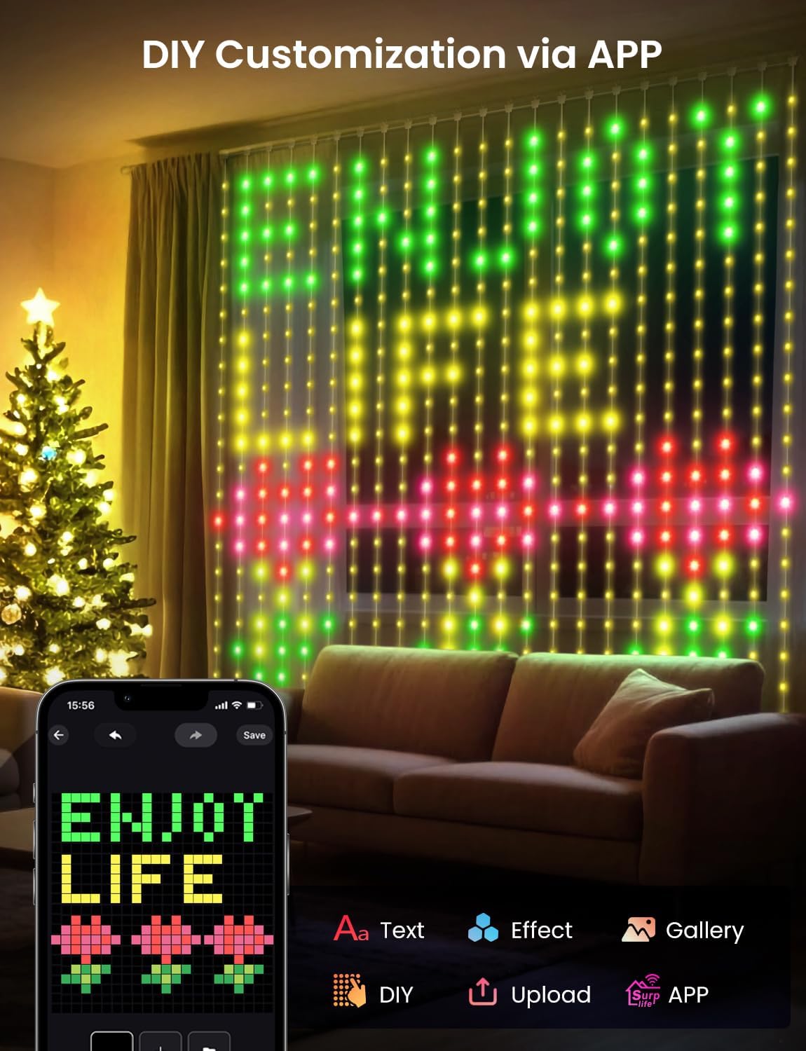 LED Curtain Light, 400 LEDs, Smart RGB IC Color Changing Holiday Wall Lights, 3.3x3.3ft Indoor Dynamic DIY LED String Lights, APP Remote Control, For Bedroom, Living Room, Window Decor, Party, Wedding