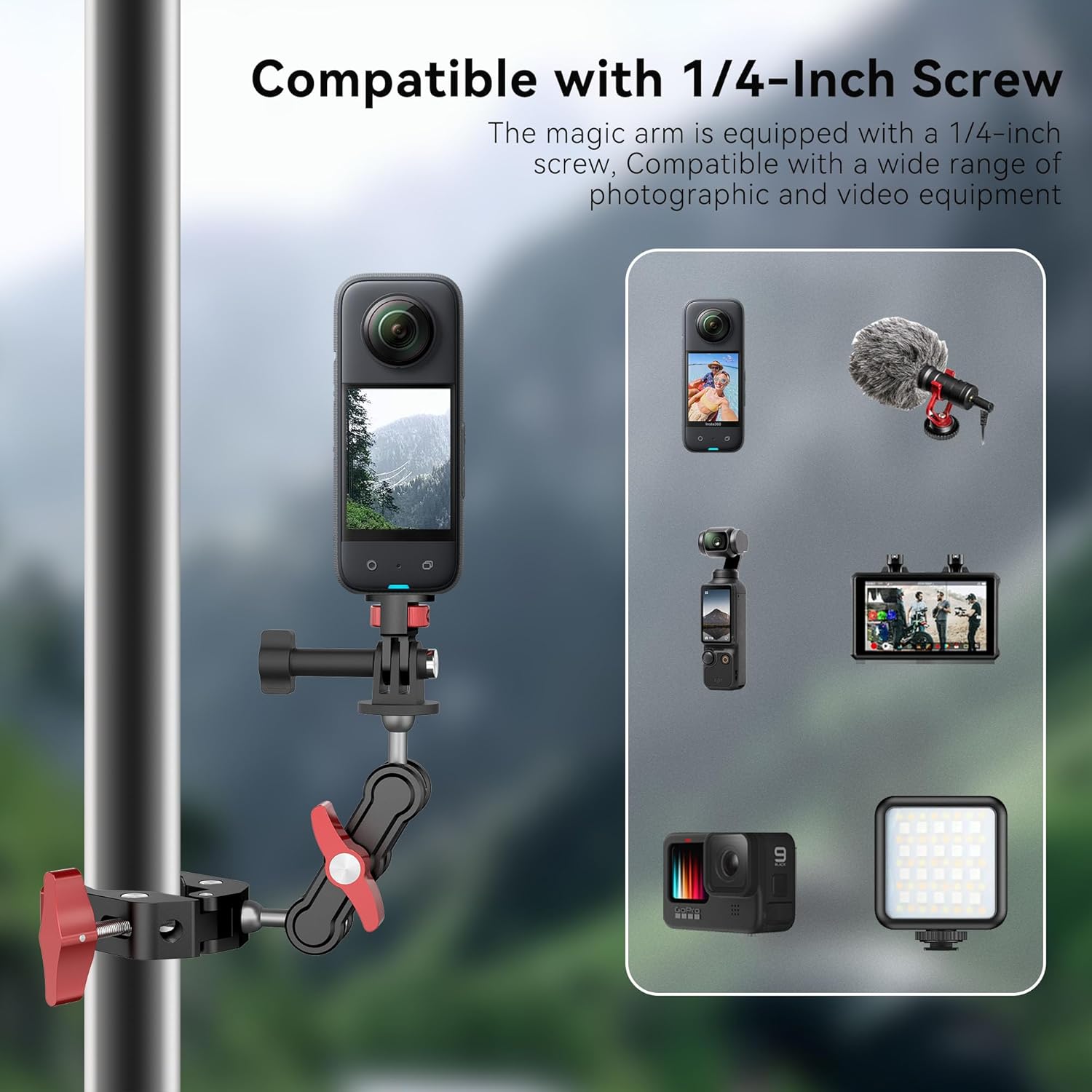 Camera Clamp Mount & 360°Ball Head Magic Arm with Adapter for Go pro, Aluminum Double Ball Head Adapters, Heavy Duty Super Clamp with 1/4"-20 & 3/8"-16 Thread (with 1/4" Conversion Adapter)-SJ009