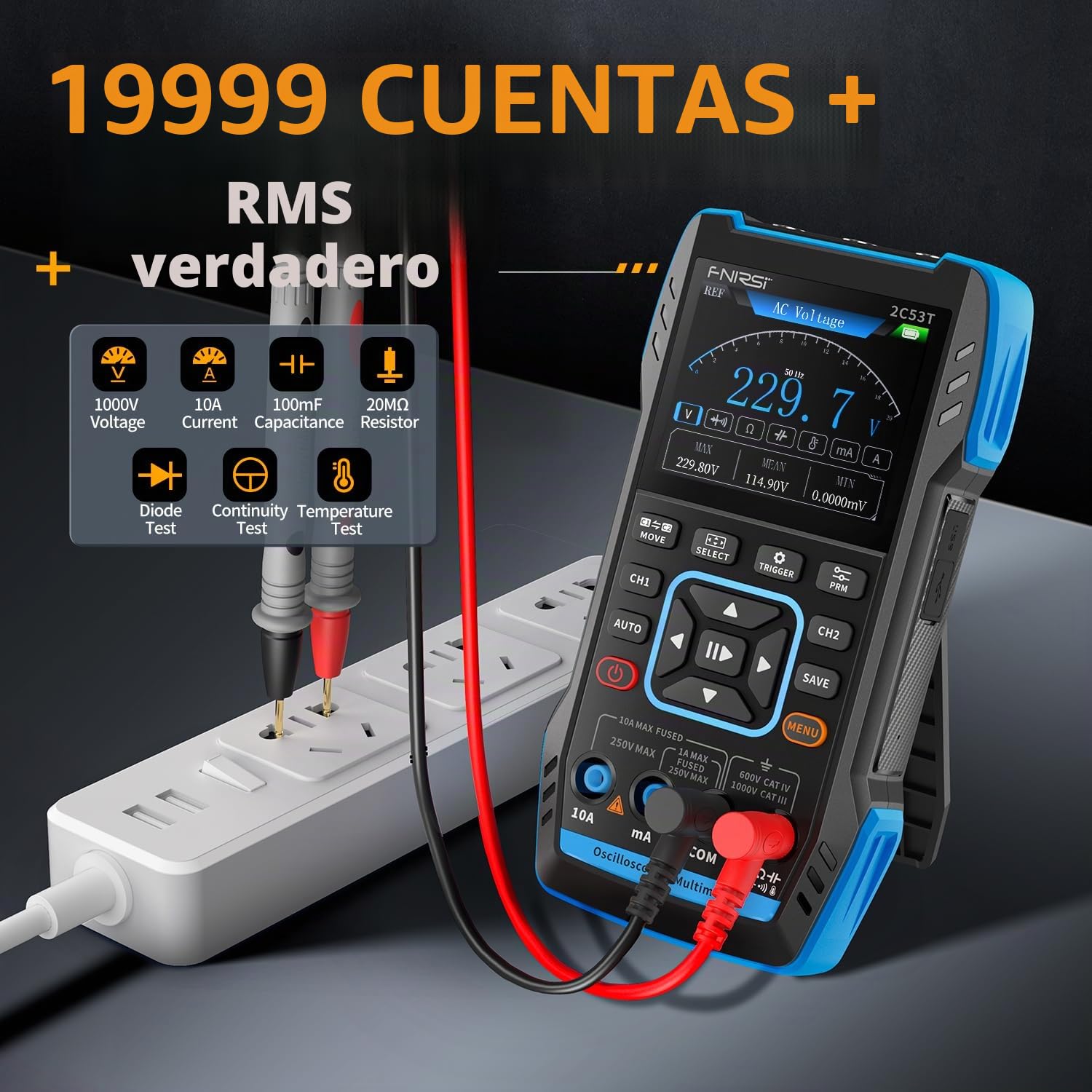 Osciloscopio Digital 3 en 1 Portátil Multímetro Ancho De Banda 2 Canales 50 MHz Frecuencia De Muestreo 19999 Recuentos