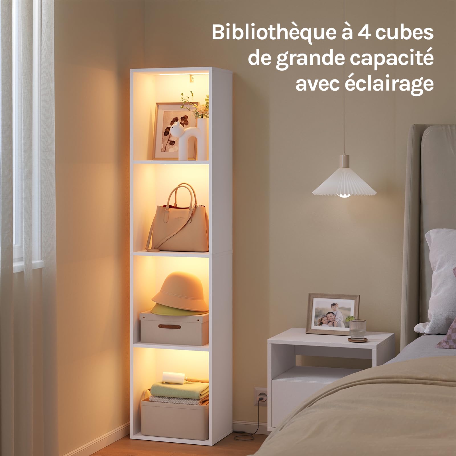 WOLTU Bibliothèque LED à 4 Compartiments Verticaux, Étagère à Lumière Réglable, 40x29x170 cm, Style Moderne, pour Salon, Chambre et Bureau, en Bois d'Ingénierie,Blanc