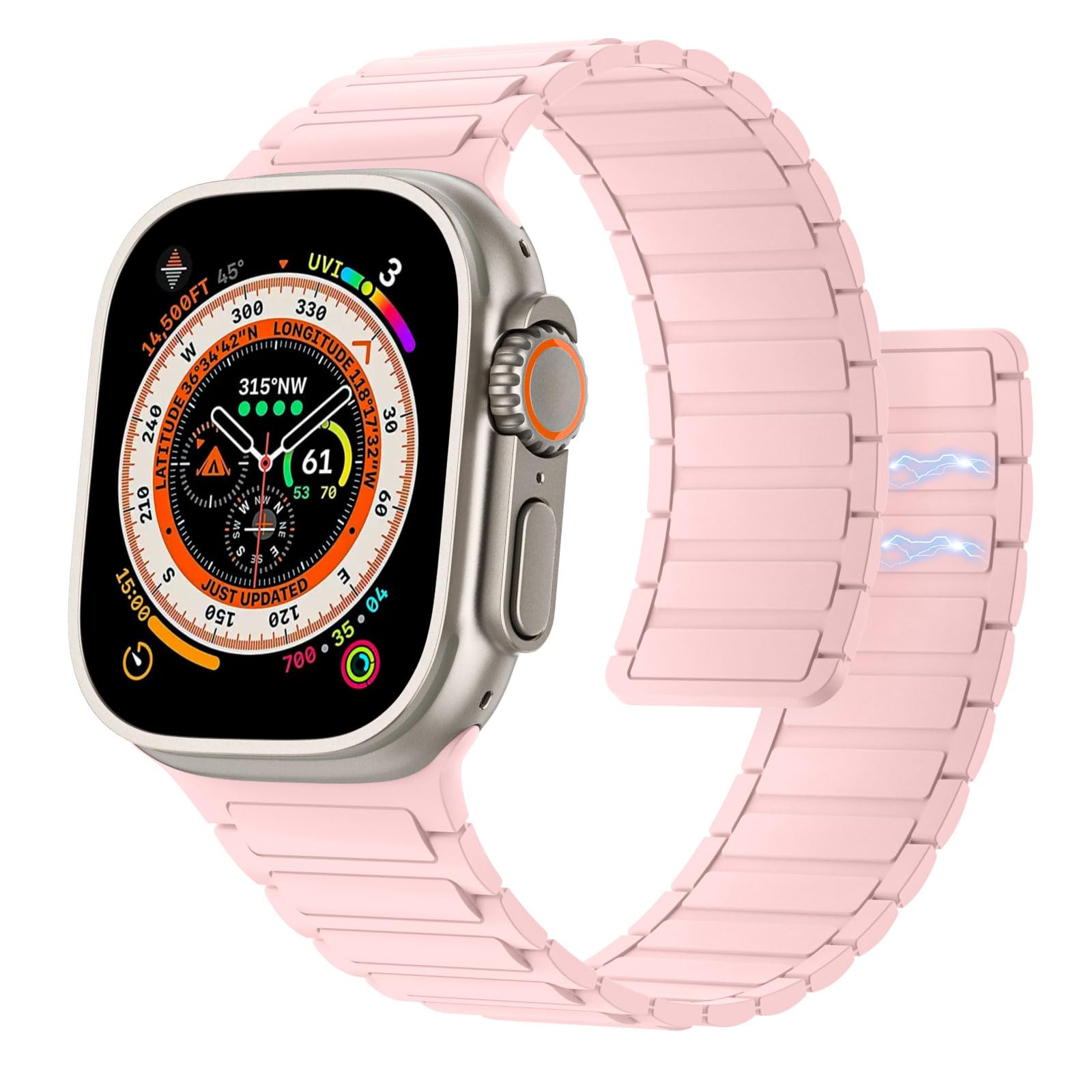Magnetic Watchband Compatible with Apple Watch Ultra/Ultra2 49mm/Series 10/9/8/7/6/5/4/3/2/1/SE 42/44/45/46mm,Silicone Strap Strong Magnet Link Solo Loop Adjustable Replacement Wristband,Pink