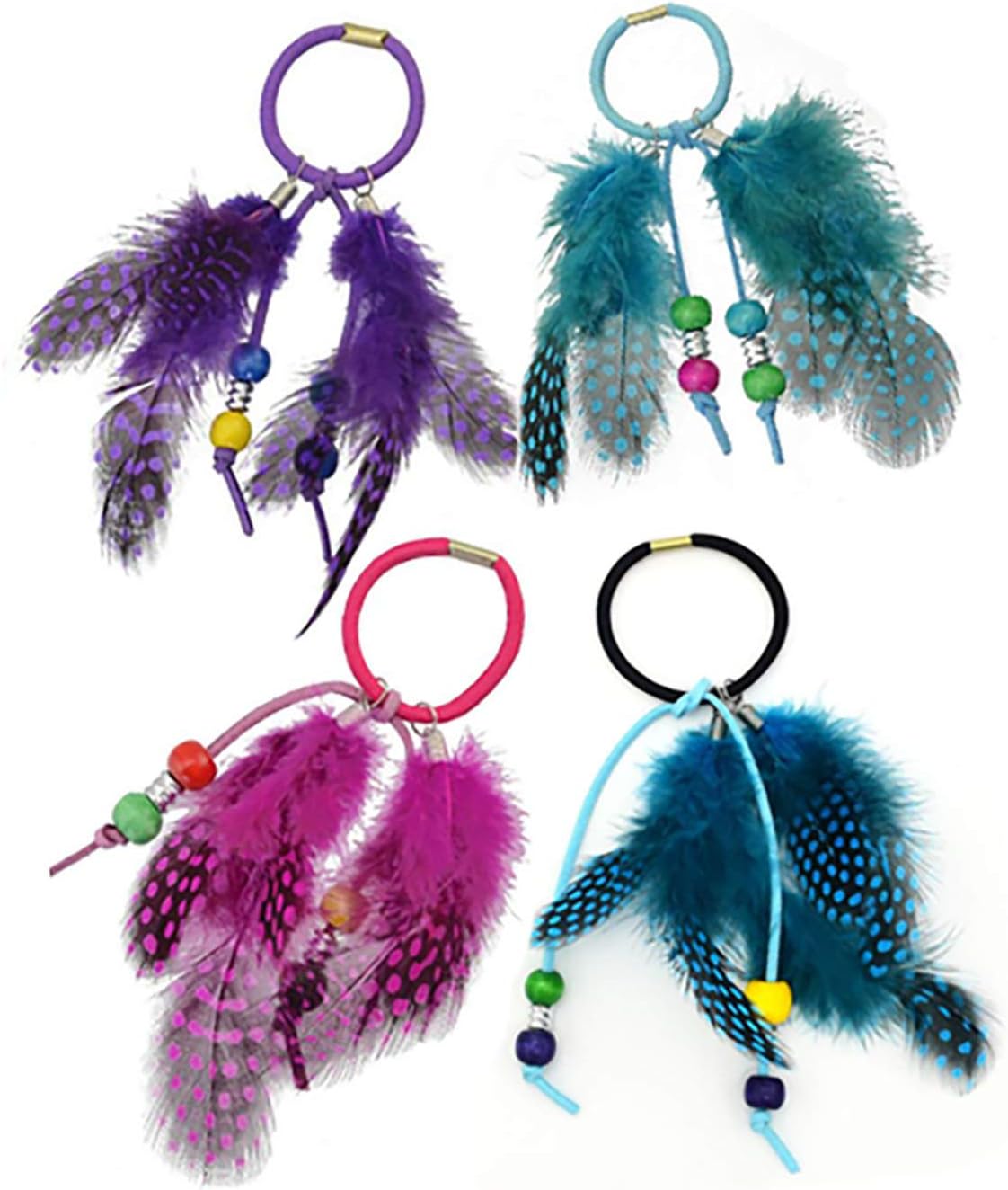 Set of 4 Handmade Boho Elastics Feather Hair Rope Ponytail Holders Hippie Hair Band Headbands Head Wrap Gypsy Hair Tie for Girl Women (Colour Random)