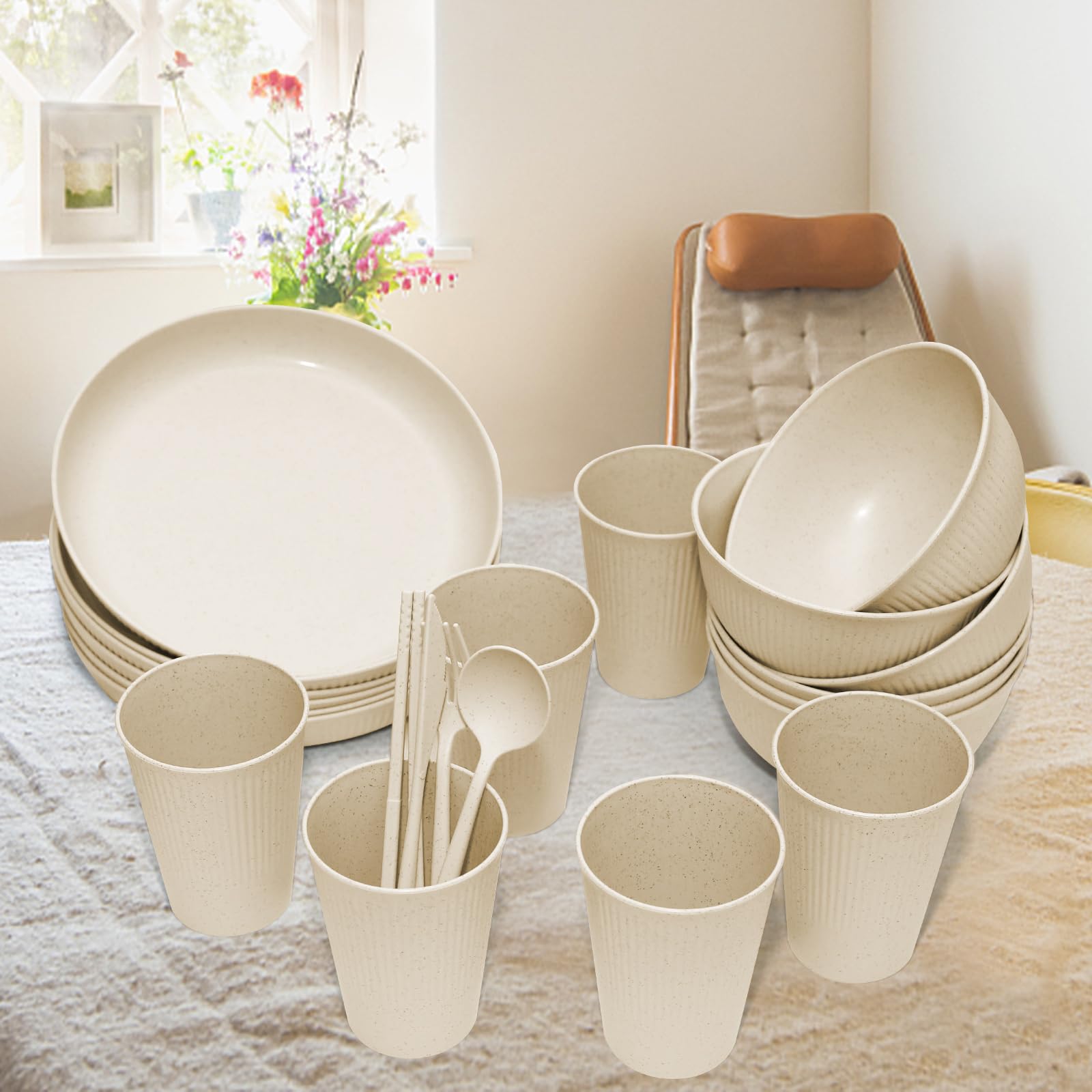Wheat Straw Dinnerware Sets -DAPIPIK 42 Piece Unbreakable Dinnerware Sets  for 6, Kitchen Plates and Bowls Set, Lightweight Camping Plates Cups