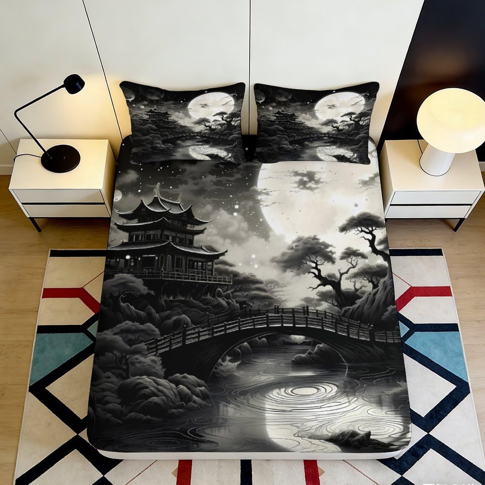 3D Printed Asian Moonlight Fitted Sheet Microfiber Soft Breathable Traditional Temple Bed Cover for Bedroom Dormitory Guest Room Mattress Protection Decor 200x200x25cm