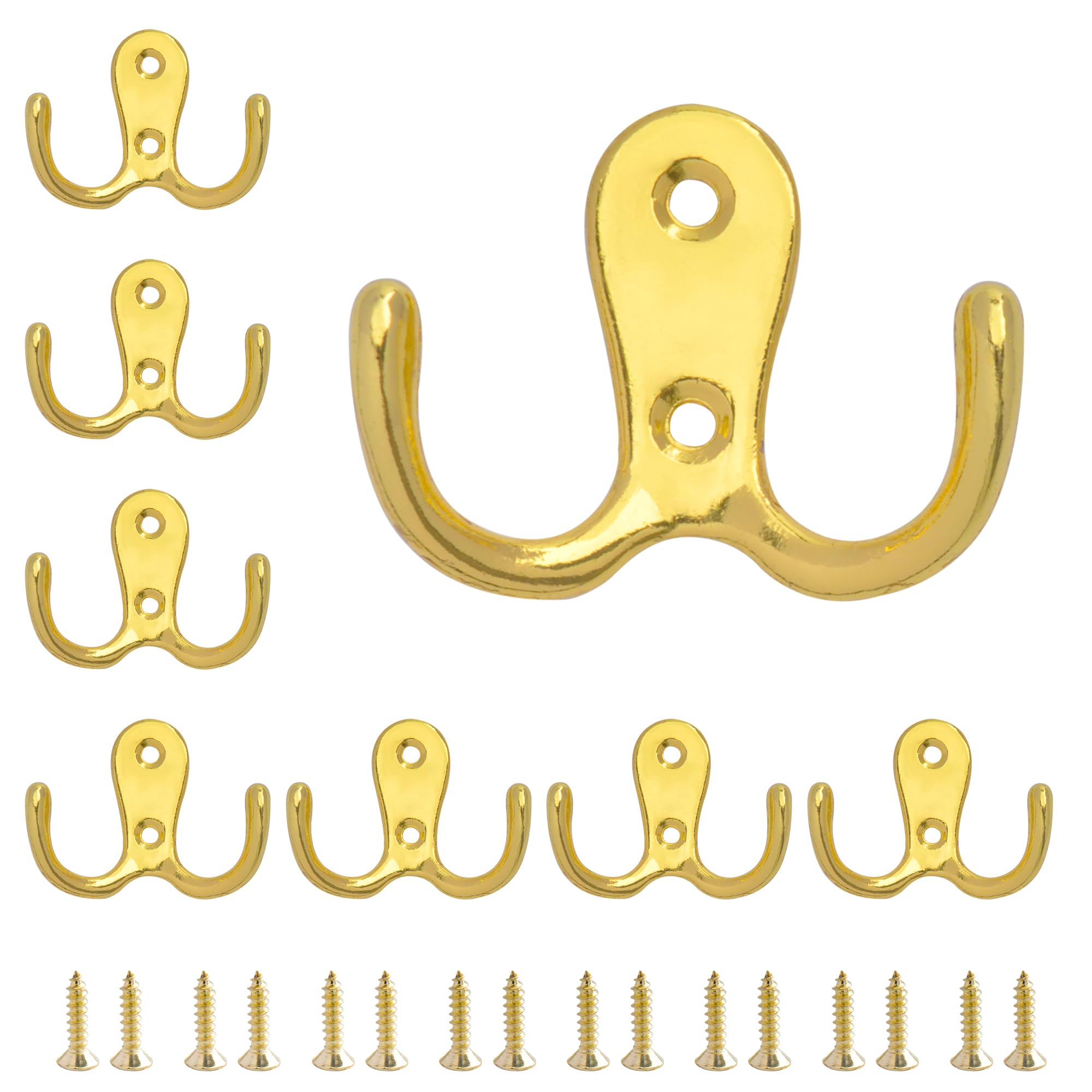 SZWLJ 8PCS Dual Coat Hooks, Golden Metal Double Prong Coat Hooks Wall Mounted with Screws, Door Hooks can be Used for Hanging Clothes, Towels, Suitable for Bedroom, Bathroom