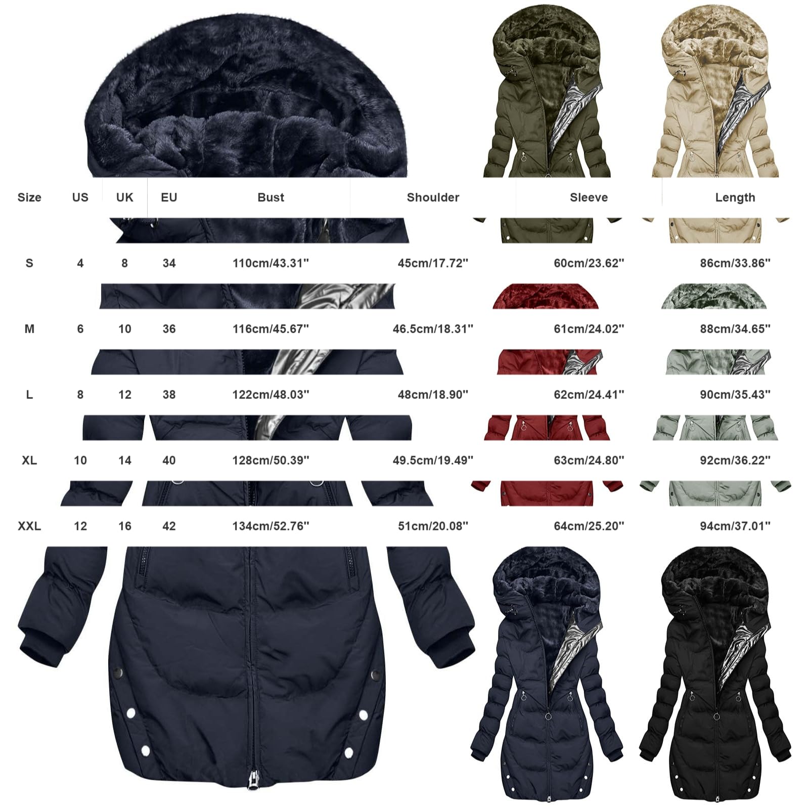 Cappotto lungo da donna UK invernale imbottito piumino idrorepellente foderato in pile parka giacche longline zip up soffice trench con cappuccio tasche con zip elegante piumino trapuntato Outwear