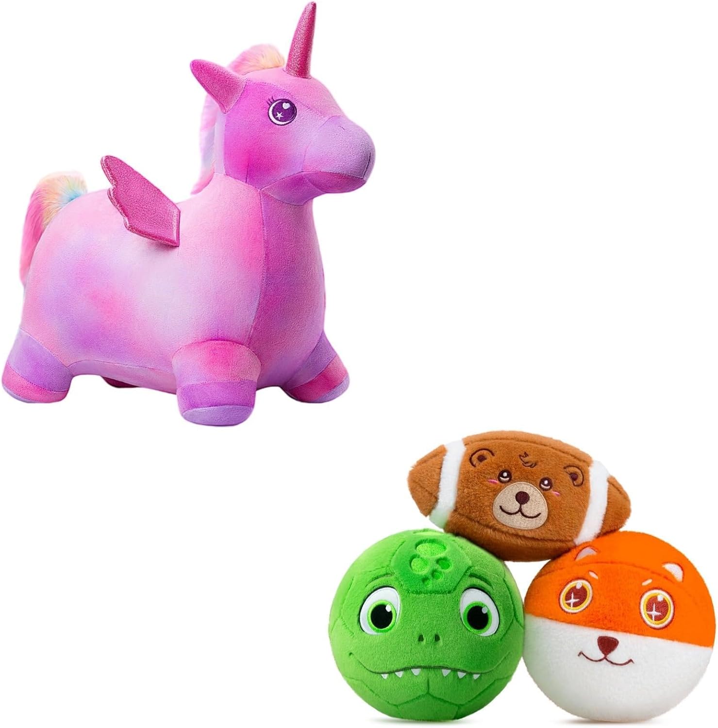 Unicorn & Ball Magic Bundle: Soft Sports Balls + Plush Unicorn Bouncy Horse