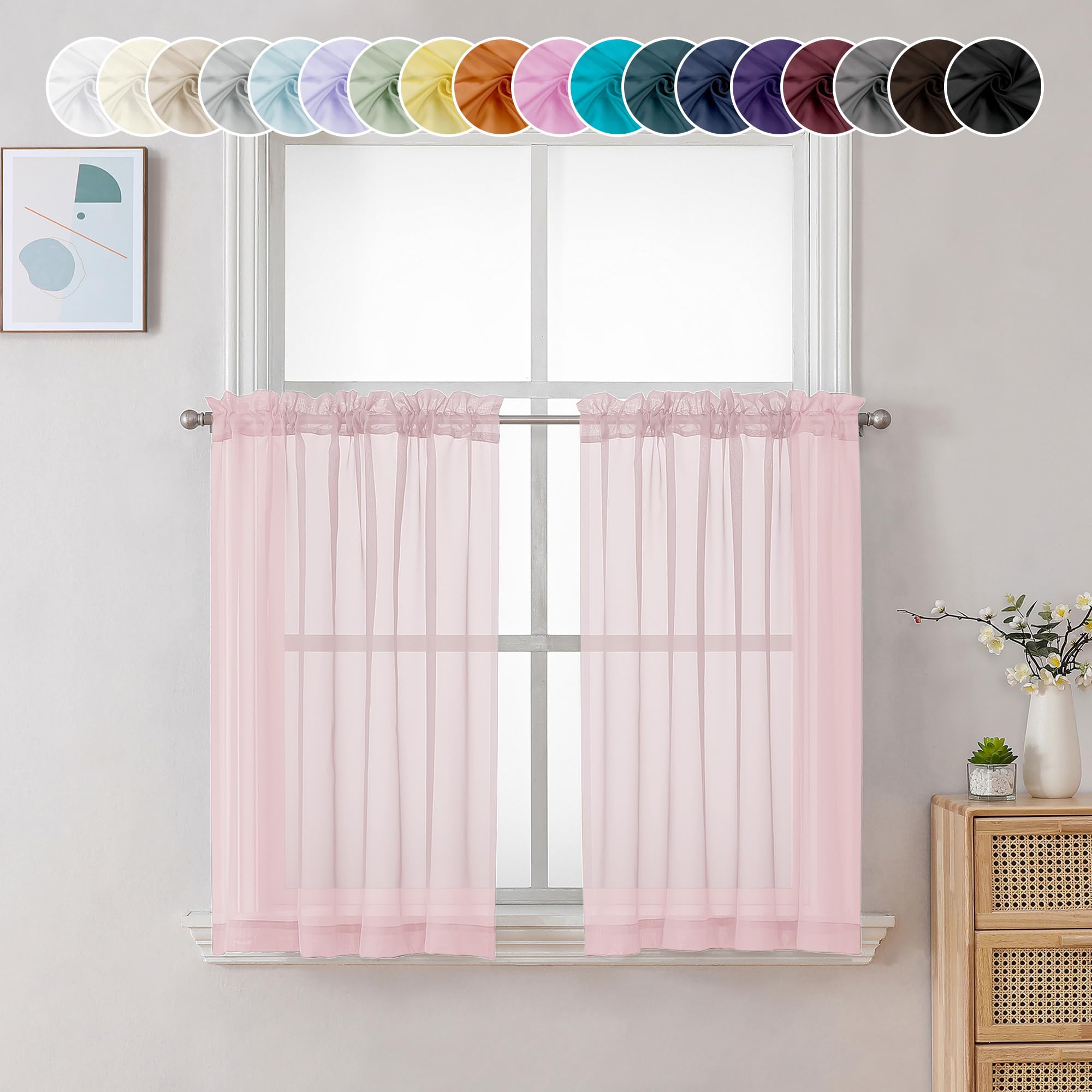 Chyhomenyc Sheer Curtains 36 inch Length 2 Panels, Light Filtering Voile Rod Pocket Short Window Sheer Curtians for Bathroom Living Room, 2PCS, Blush Pink