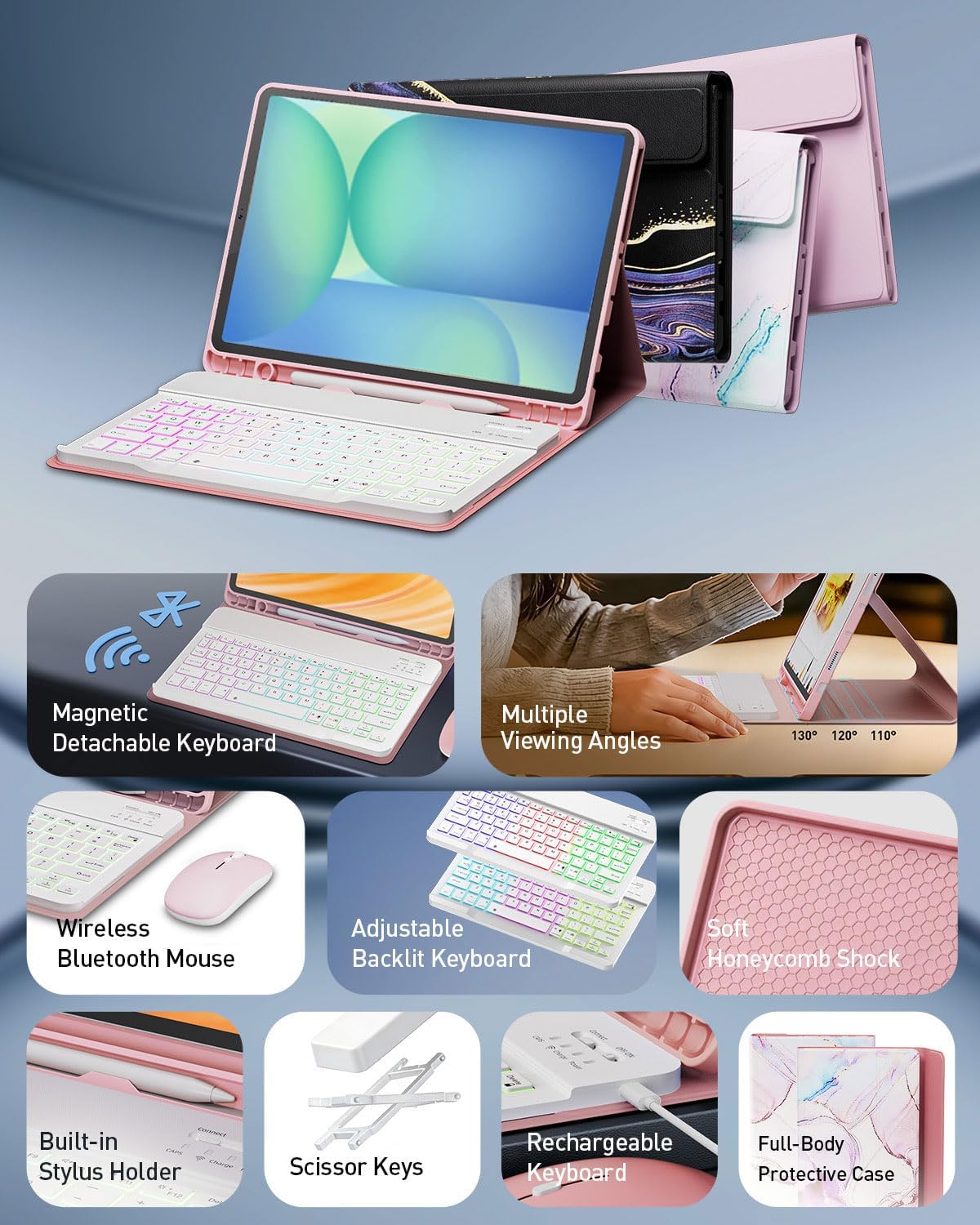 Keyboard Case for Samsung Galaxy Tab S10 FE/S10 Lite/S9 FE 10.9″ 2025/Galaxy Tab S9 11 Inch 2023, Mouse and Detachable Bluetooth Backlit Keyboard, Folio Cover with Pen Holder (Pink Marble)