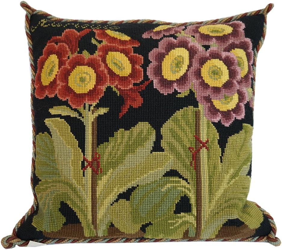 Auricula Needlepoint Kit by Elizabeth Bradley. A Premium English Needlepoint Pillow Project on a Black Background with 100% Wool Yarns.Botanical Garden Collection.