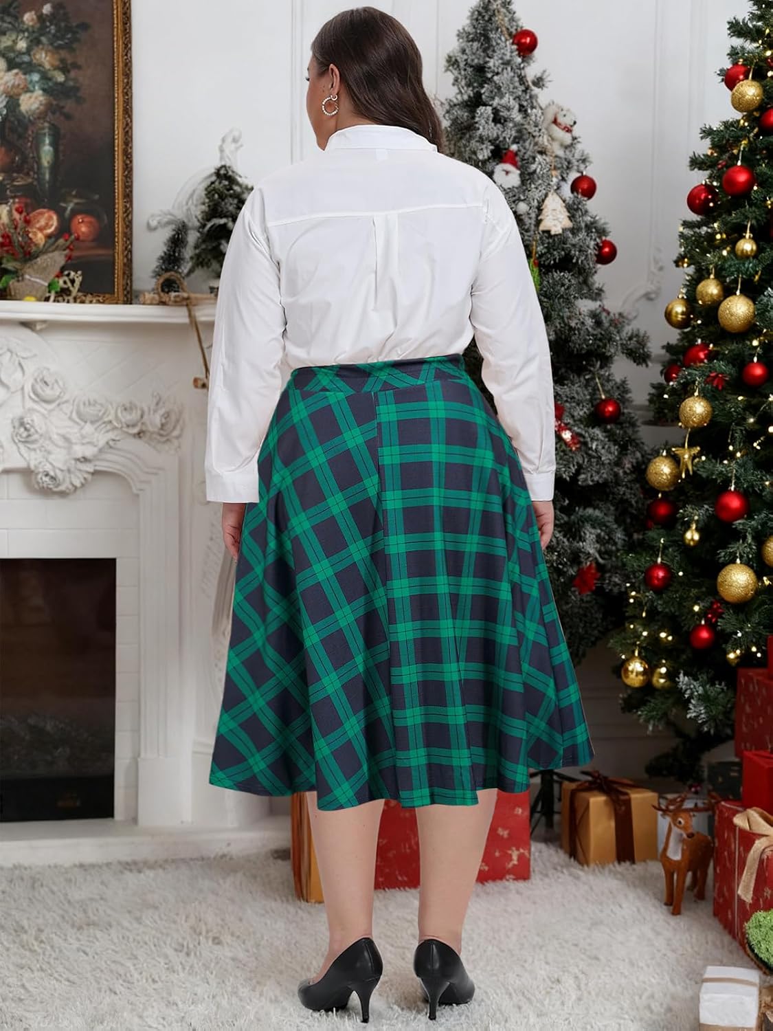 Moon Wood Women's Plus Size Midi Skirt High Elastic Waist A-Line Flared Skater Skirts with Pockets - Image 6