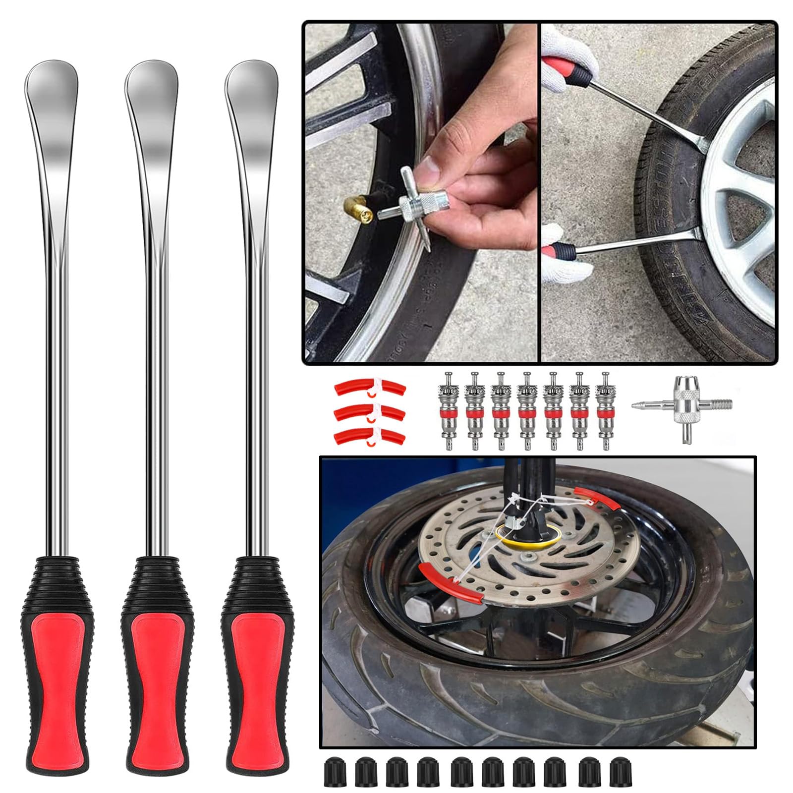Leva di Montaggio per Pneumatici Moto, 3 Pizze Leve Smontagomme Bici Da 11,5", Attrezzo per Montaggio Pneumatici Con 3 Protezioni per Cerchi, Per Moto, Bici, Auto, Scooter