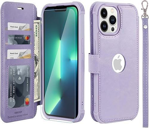 VANAVAGY Funda tipo cartera compatible con iPhone 13 Pro para mujeres y hombres, funda de piel con bloqueo RFID con soporte para muñeca, carga