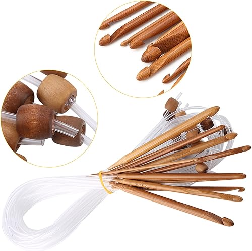 Miniatura 9 de Juego de 12 ganchos de ganchillo tunecinos, ganchos de ganchillo de madera de bambú con alfombra de plástico para alfombras de cable, agujas de