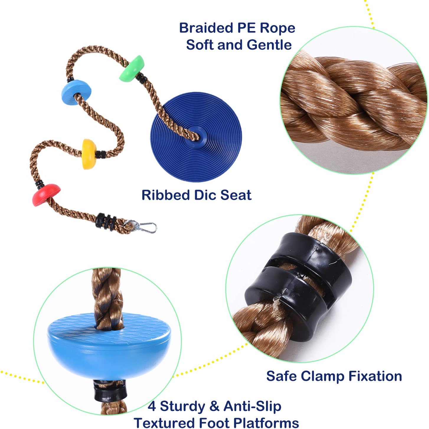 Disc Swing,Rope Swing for Tree,Climbing Rope for Kids Platform Playset with 5 Ft Strap and Lockable Carabiner Blue