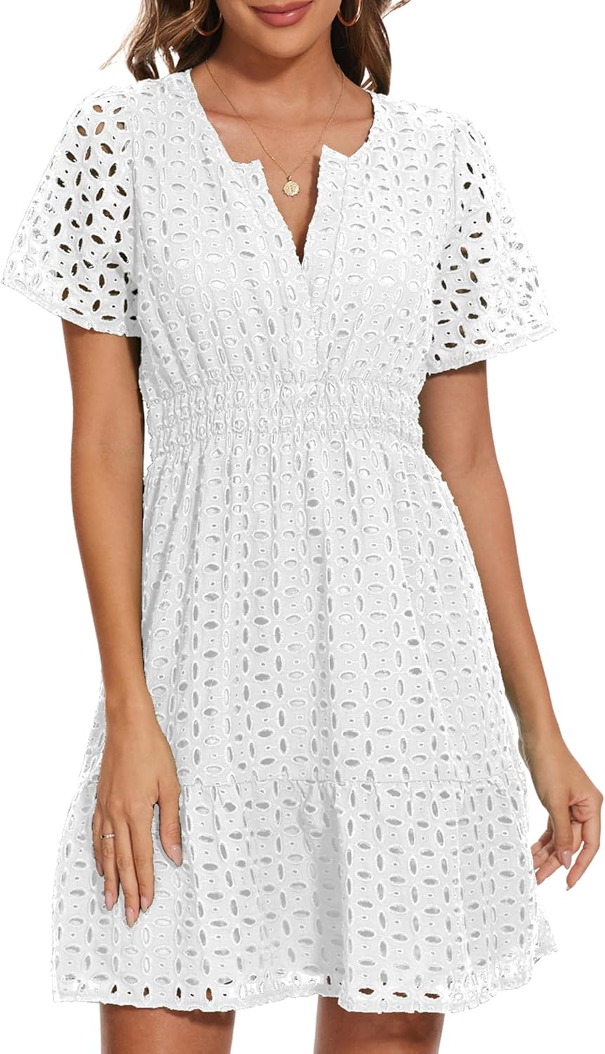 Women Summer Eyelet Lace Dress Casual V Neck Mini A Line Hollow Out Embroidered Formal Dress Sundresses - Image 2