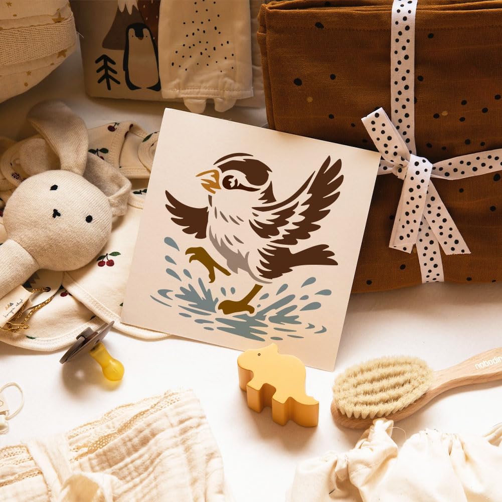 FINGERINSPIRE 4Pcs Playing Birds Plants Painting Stencils with Paintbrush 5.9x5.9inch Reusable Birds are Playing Stencil Bird Animal Silhouette Stencil for Painting on Wood Wall Furniture Card Fabric