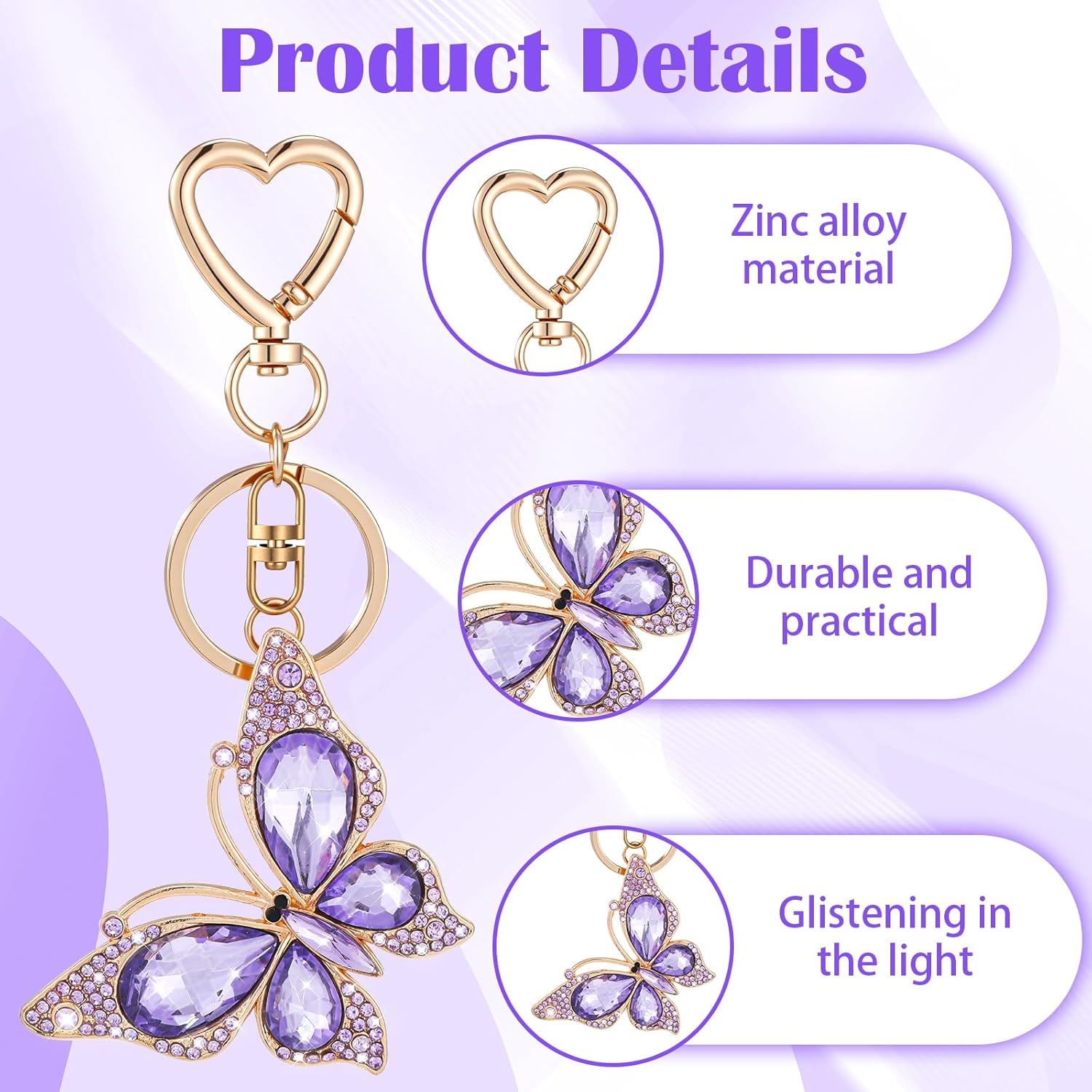 Charm Keychain for Women, Cute Butterfly Keychain Bag Purse Charms Sparkling Butterfly Key Chains Pendant Decor for Handbags Backpack Women Girls Gift (Purple) - Image 3