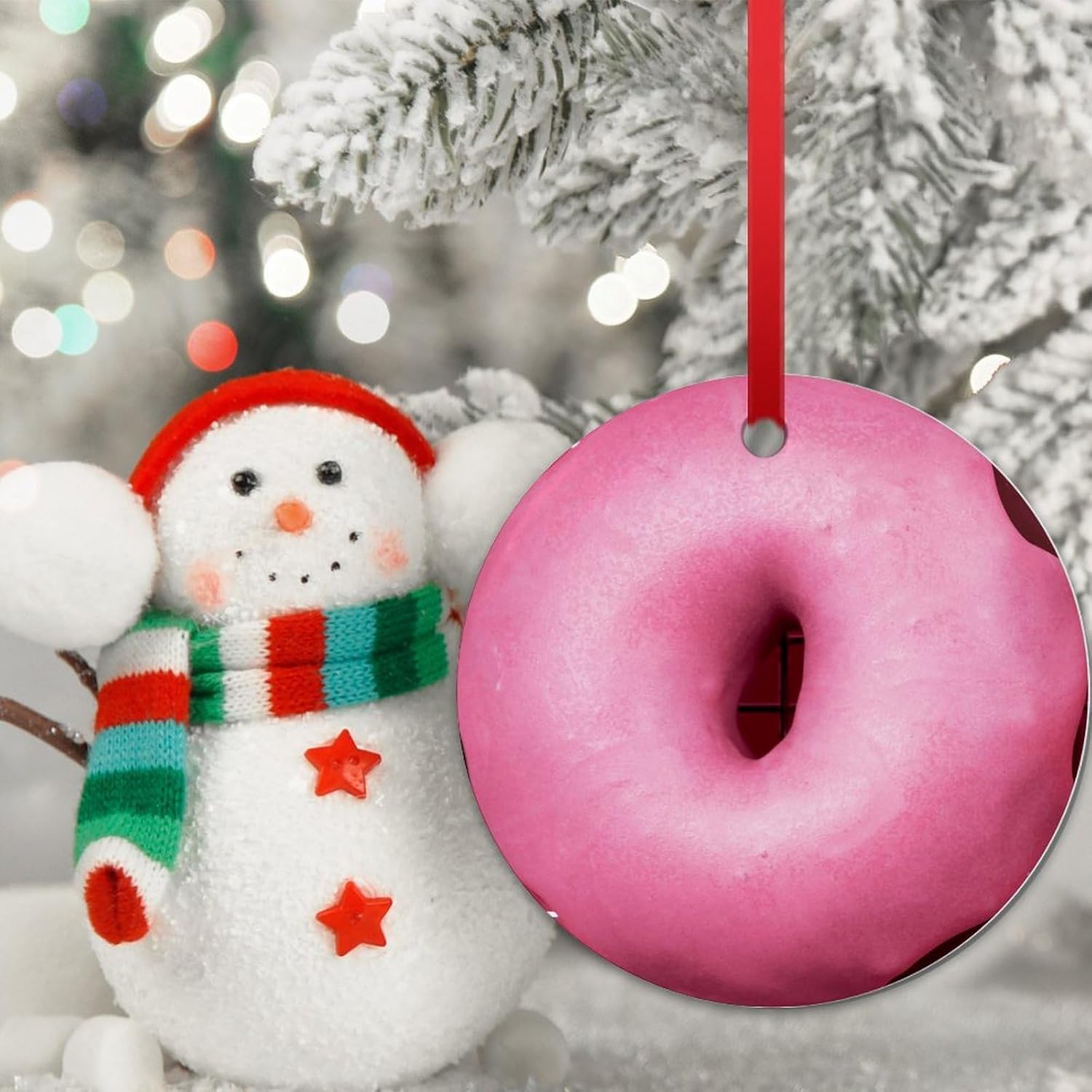 Sweet Pink Donut Christmas Tree Ornaments, Christmas Decorations, Cute Funny Porcelain Personalized Ornaments, Snack Food Lover Gifts Our New Home Souvenir Both Sides Print Home Gifts image 3
