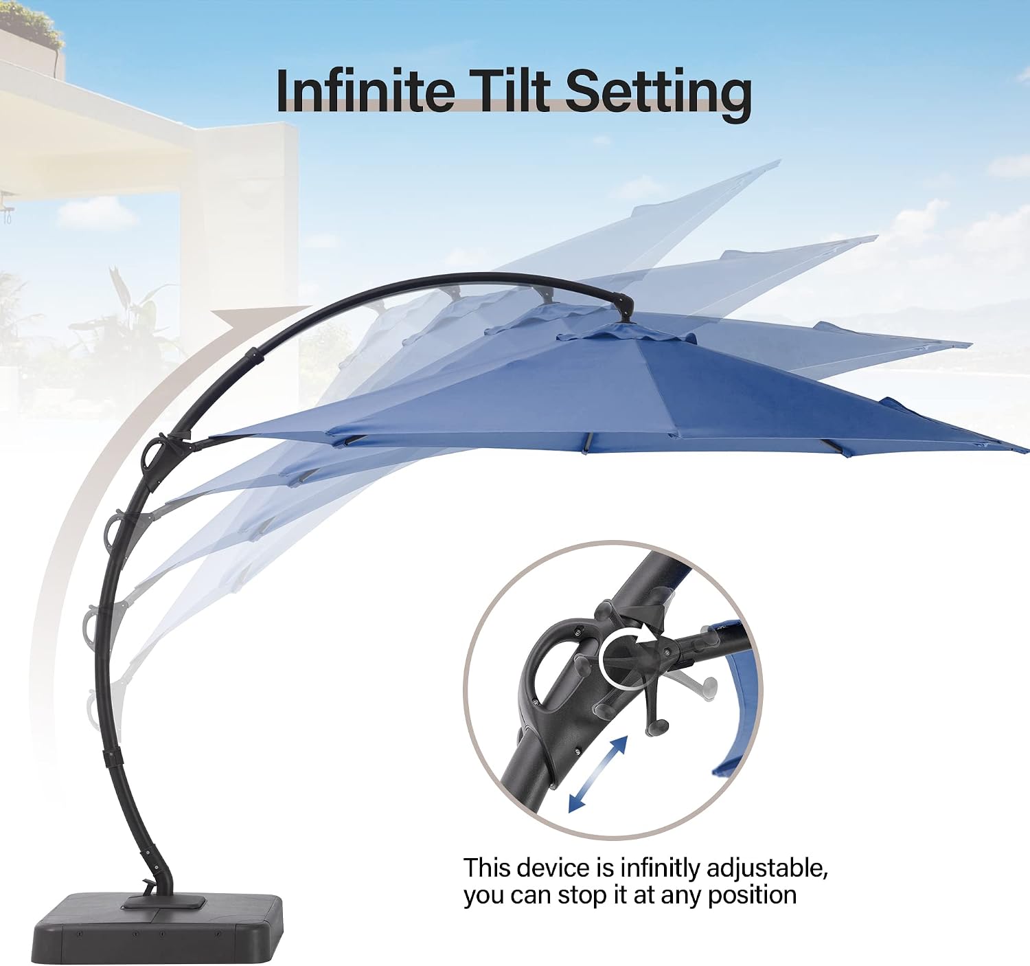LAUSAINT HOME 11FT Patio Cantilever Umbrella with Base Outdoor Curvy Round Offset Umbrella, Heavy Duty Aluminum Patio Umbrella with 360°Rotation and Windproof, for Garden, Pool, Deck, Backyard, Market(11 FT Navy Blue）