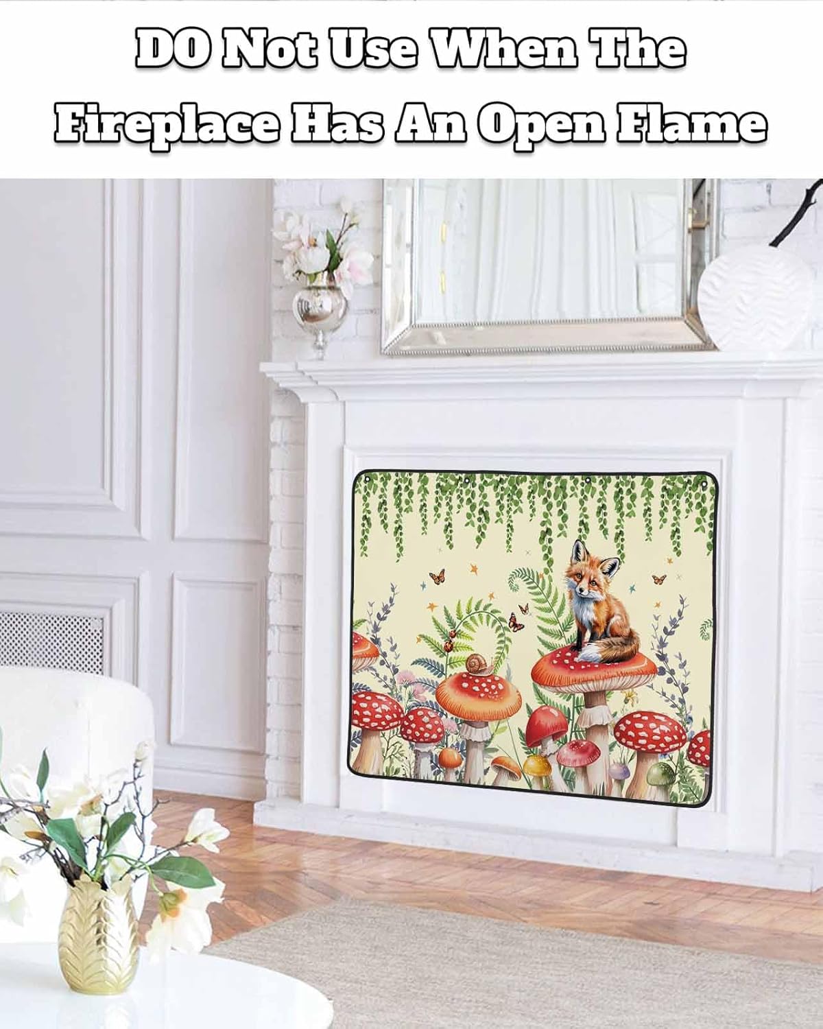 Magnetic Fireplace Cover Red Mushroom Fox Fireplace Screen Decorative Eucalyptus Leaves Butterfly Beige Insulation Fireplaces Blocker Save Energy Fireplaces Draft Stopper Covers for Living Room 39x32