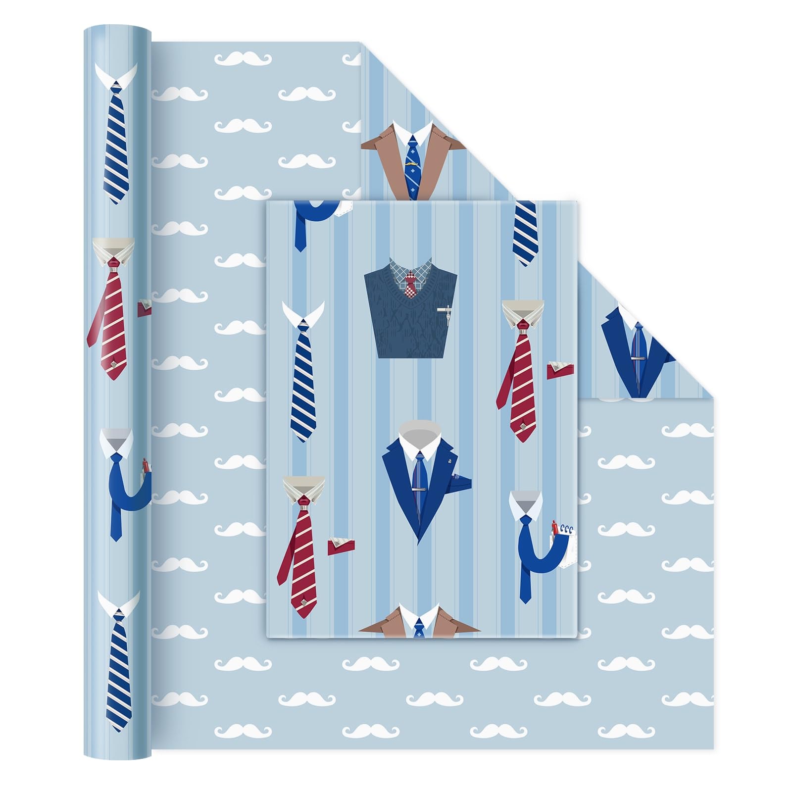 WERNNSAI Father's Day Wrapping Paper - 1 Roll 17” x 33 ft Fathers Gift Wrap Paper blue Reversible Gentlemen Design for Men Fathers Birthday Wrapping Paper Happy Father's Day Gift DIY Decorations