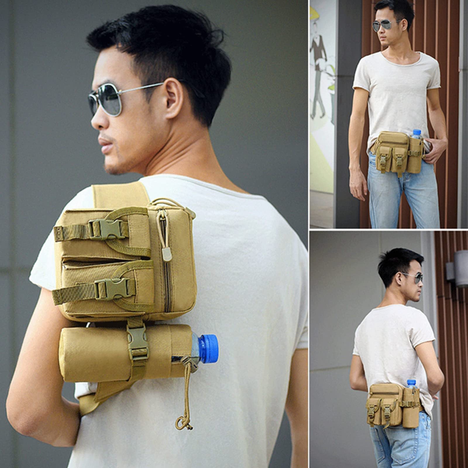Cintura tattica con pacchetto di accessori, borsa per bottiglie d'acqua tattiche in nylon per campeggio, arrampicata, escursionismo, escursionismo.